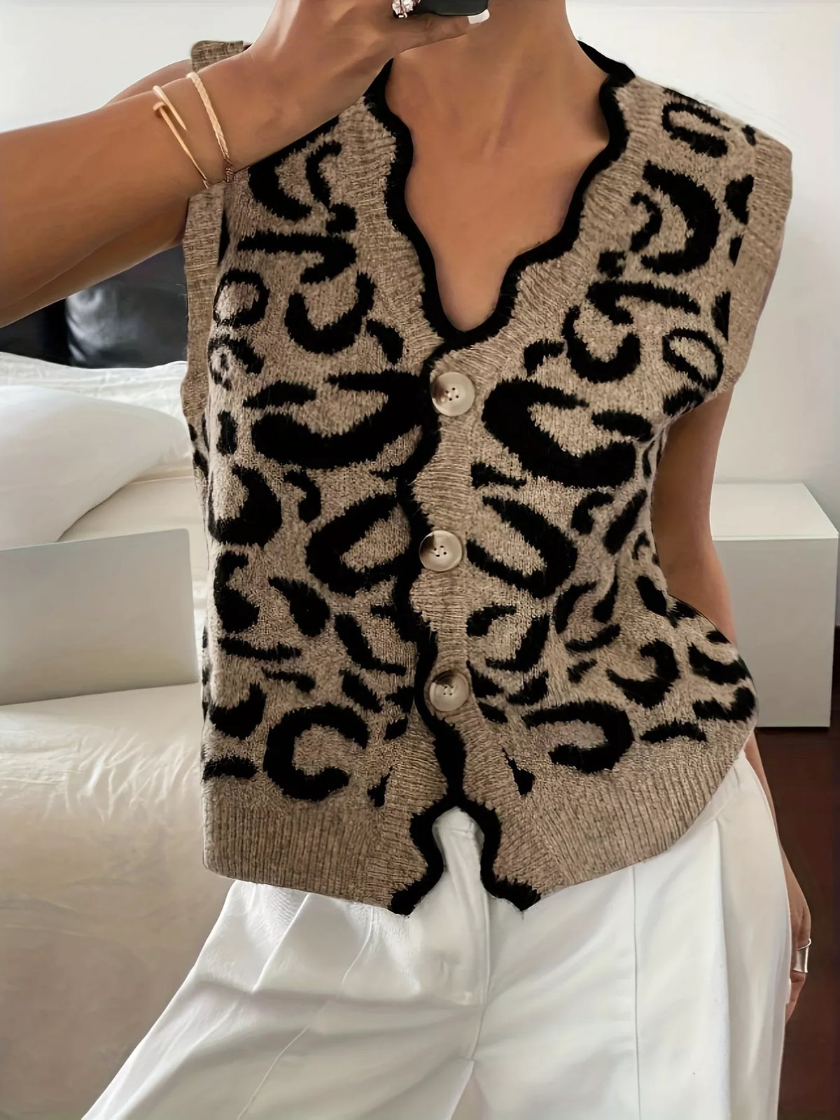 Taupe Leopard Scalloped Edge Button-Down Sweater Vest scalloped neckline detail