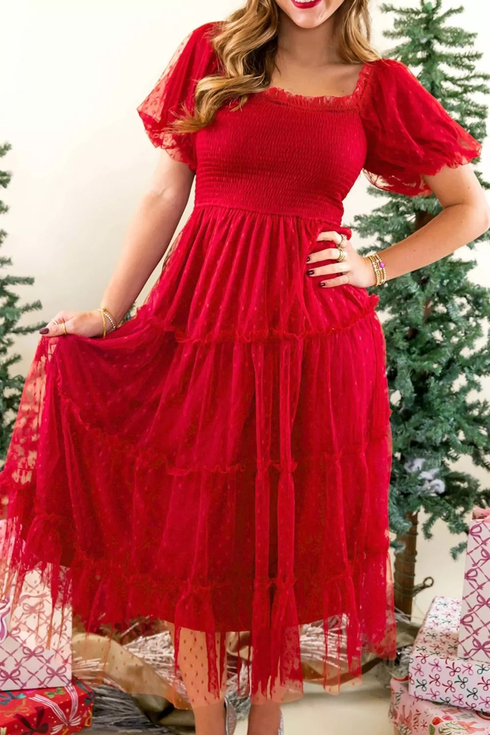 Swiss Dot Tulle Smocked Midi Dress in Red