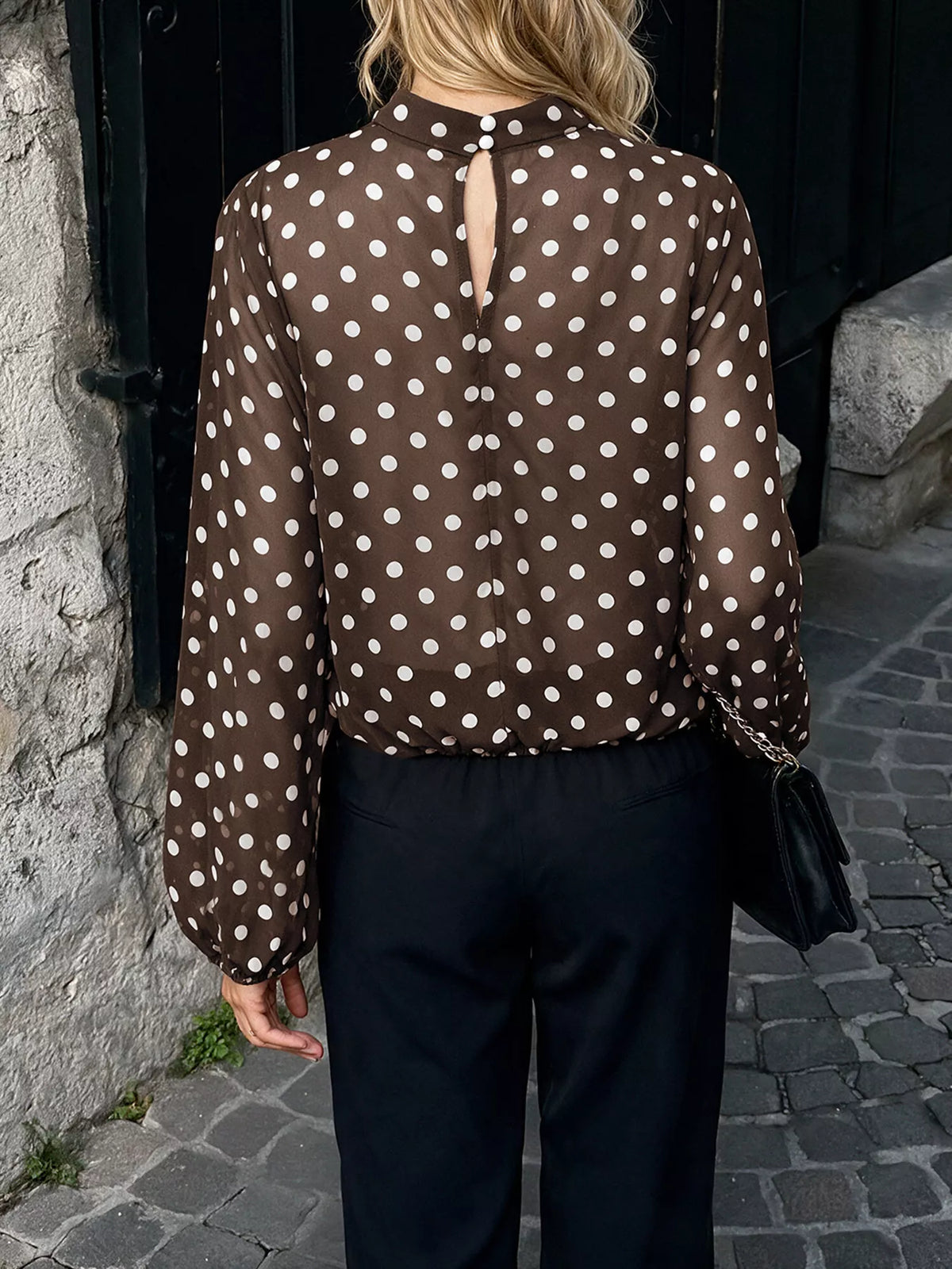 Trendsi Polka Dot Mock Neck Long Sleeve Blouse -