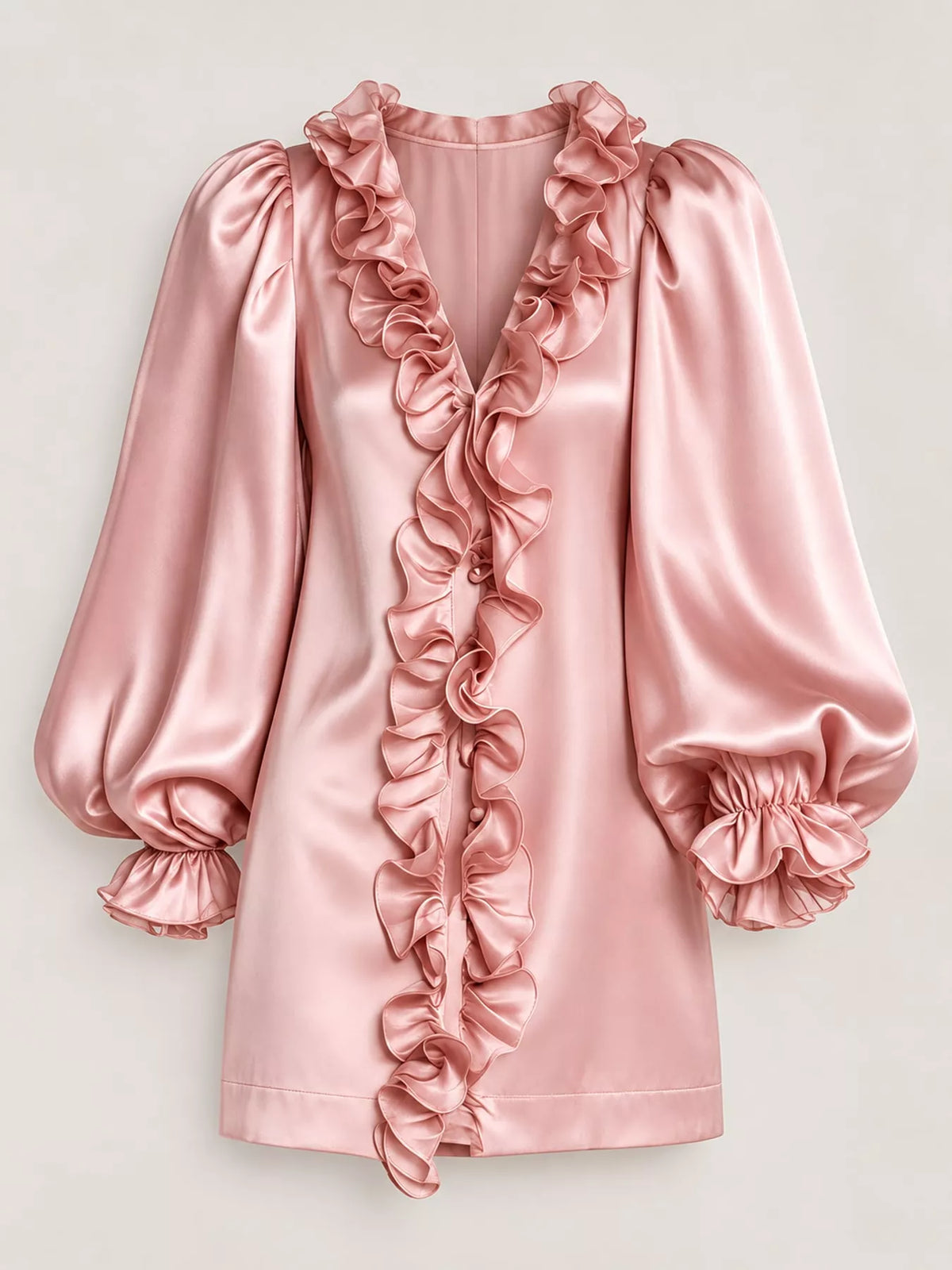 Ruffle Trim Puff Sleeve Mini Dress in pink, front view