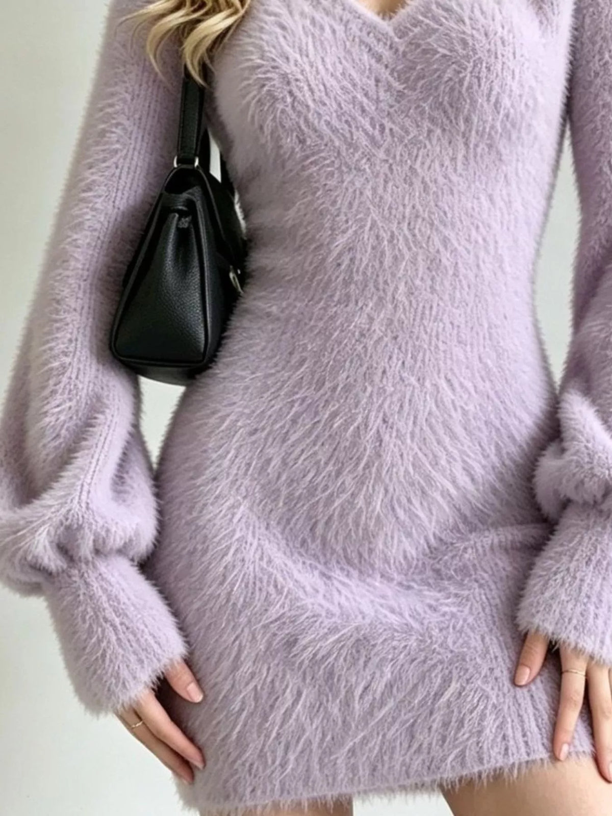 Fuzzy sweater dress, purple knit detail