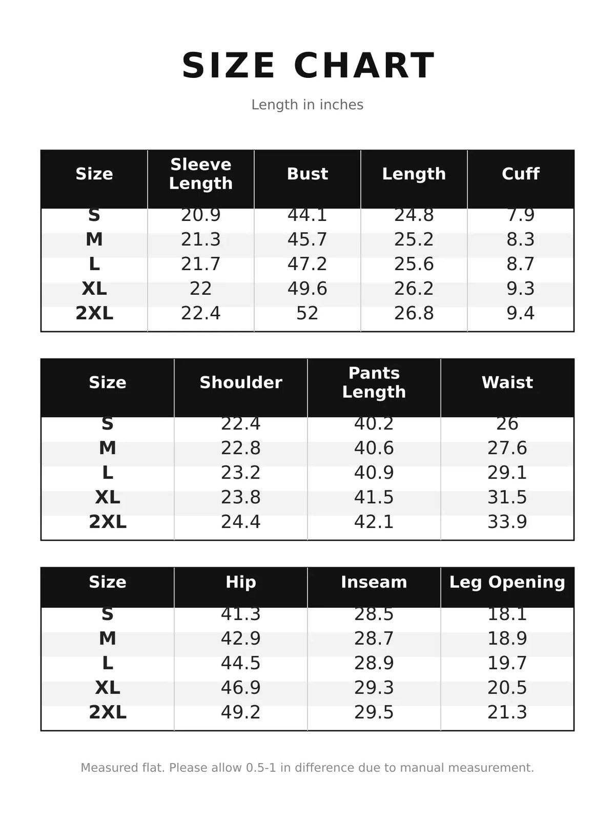 Size chart for half-zip top and pants set