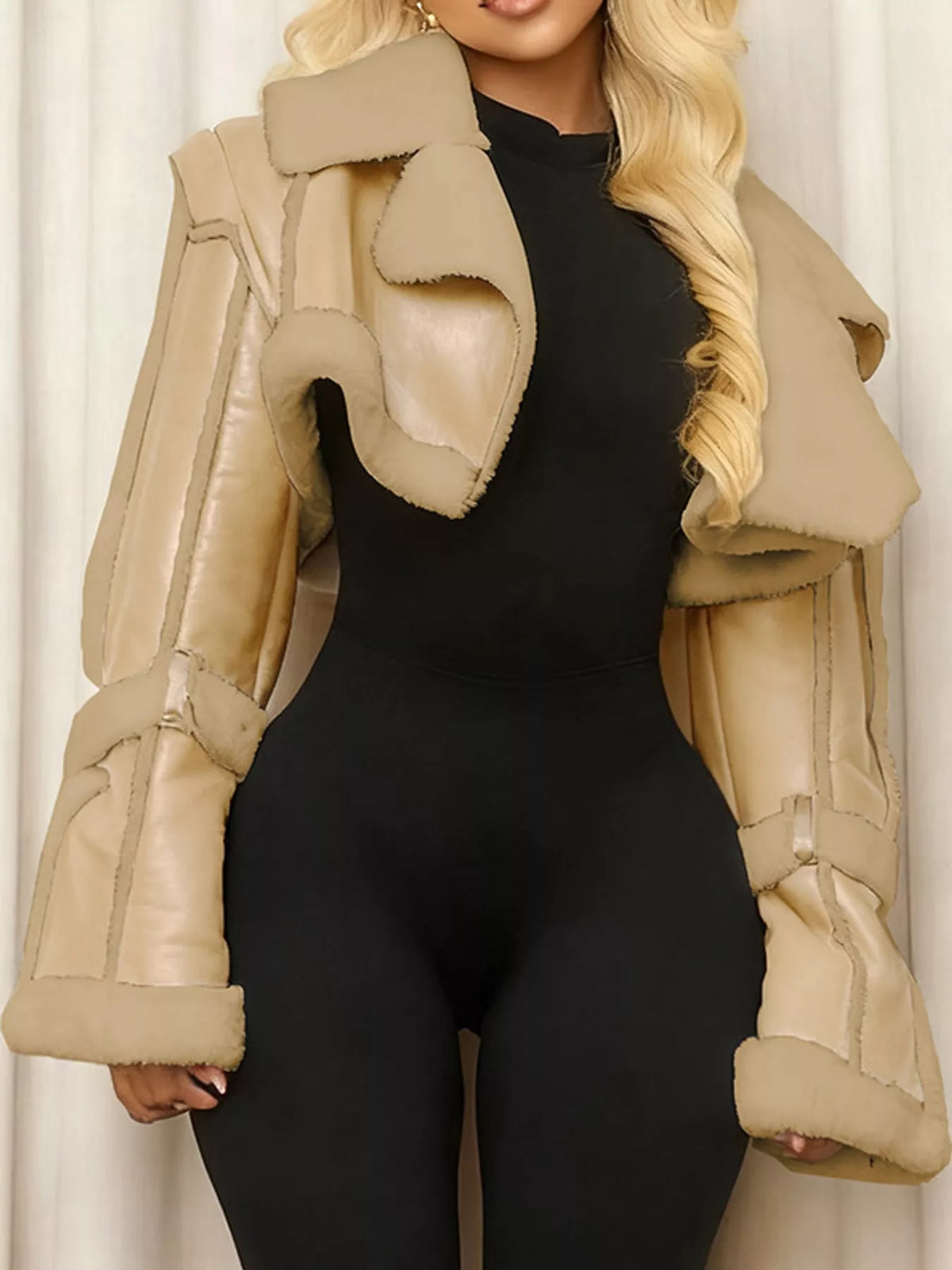 Khaki faux leather plush cropped jacket