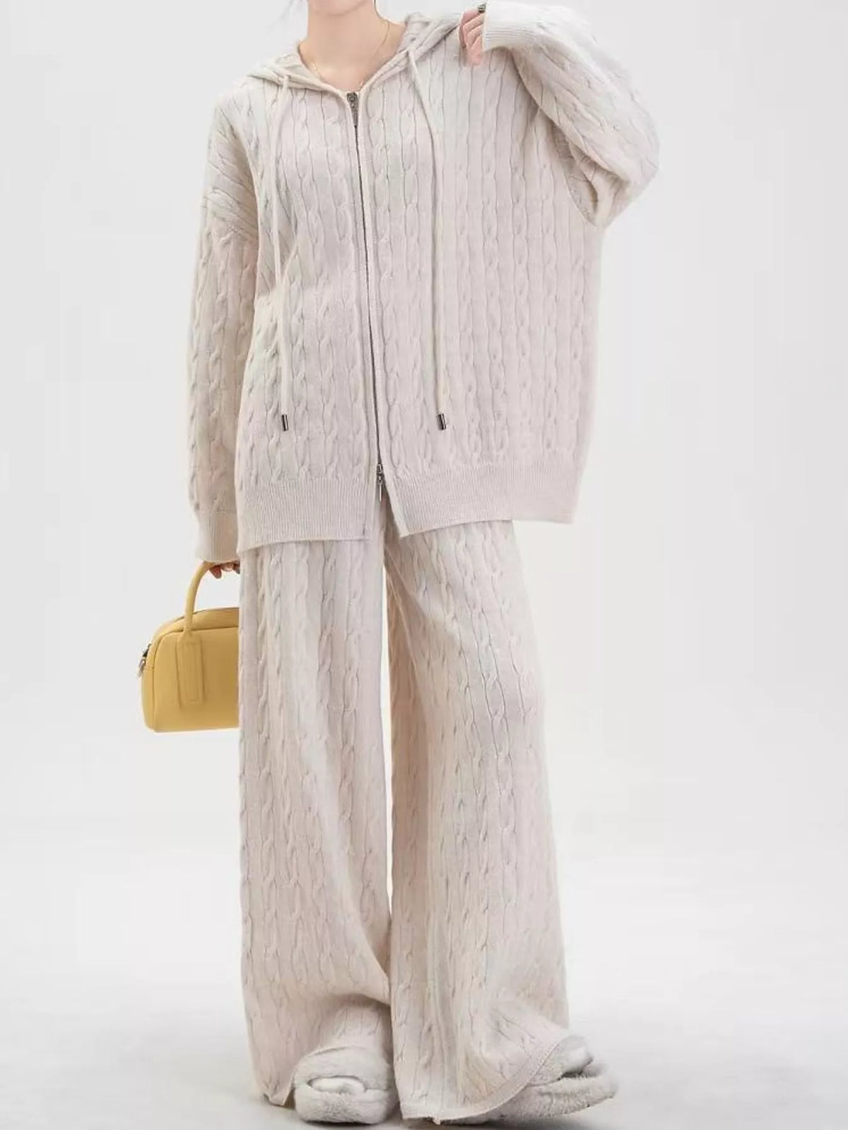 Cable-knit cardigan and pants set, cream front