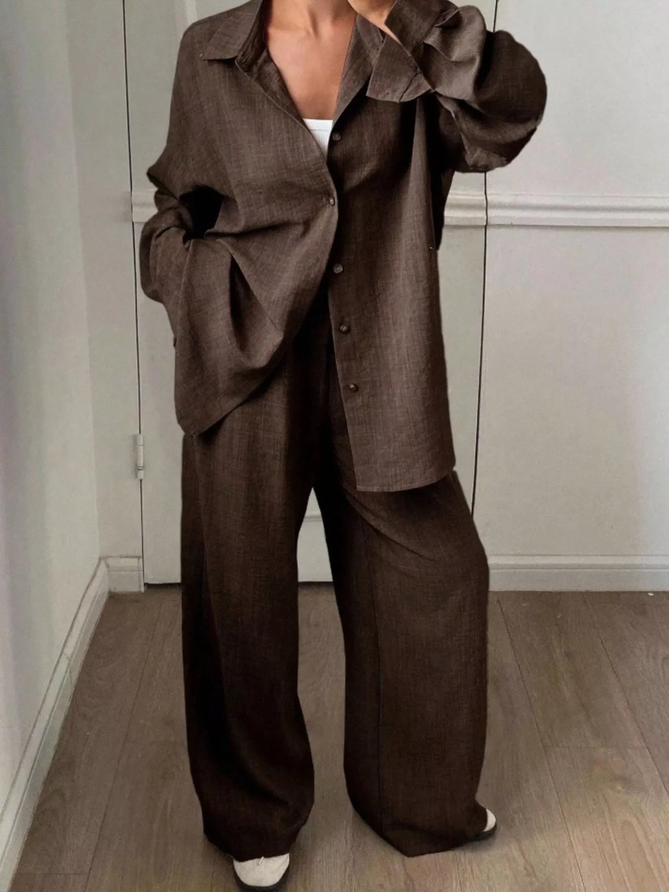 Trendsi Button Up Long Sleeve Shirt and Wide Leg Pants Set -