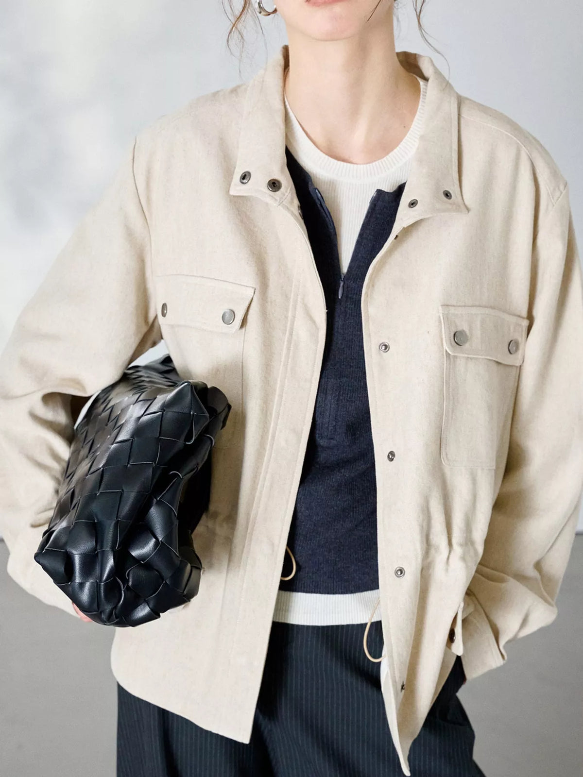 Drawstring utility jacket, ivory angled front