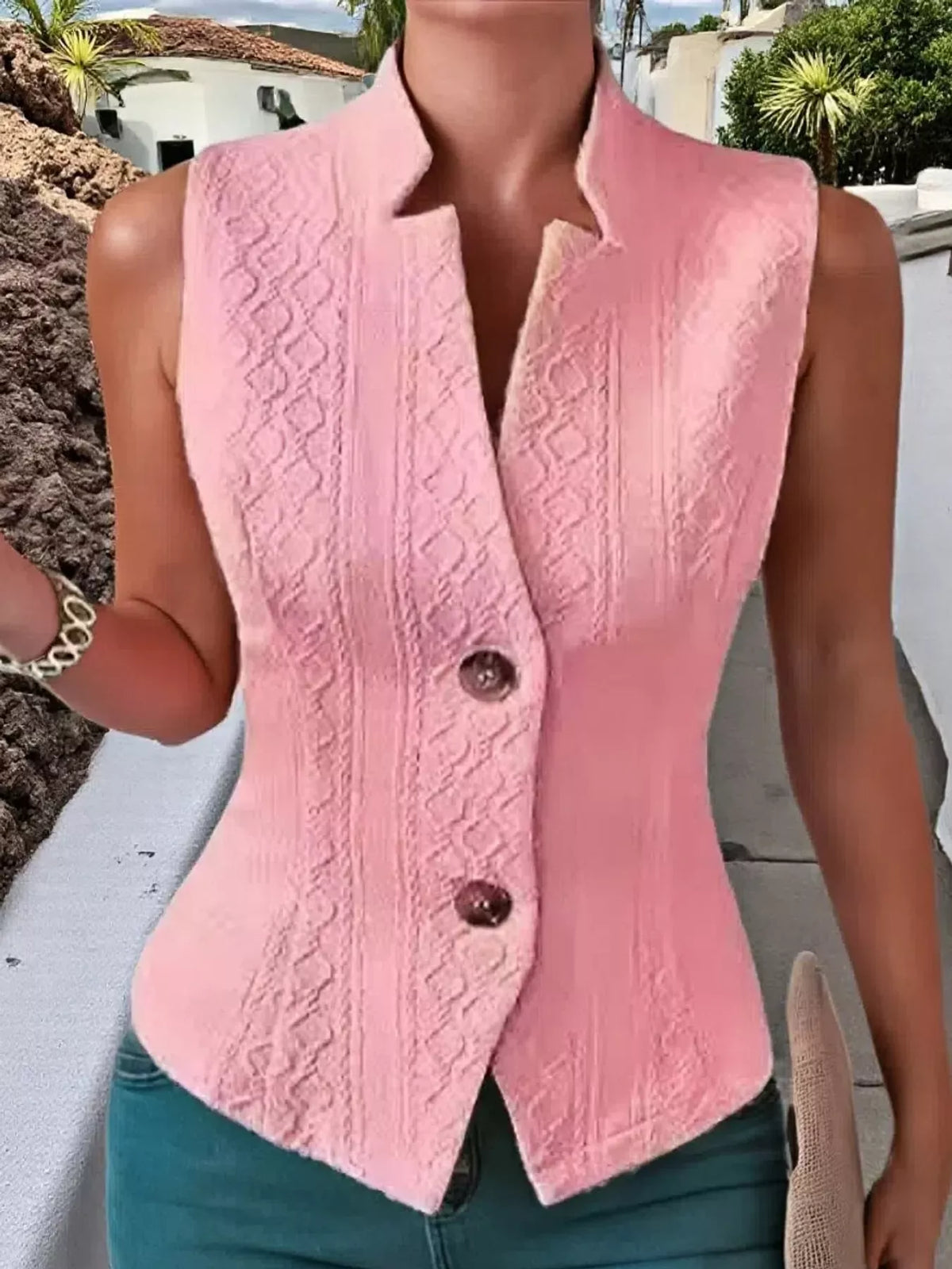 Textured Button-Down Vest in pink, front view