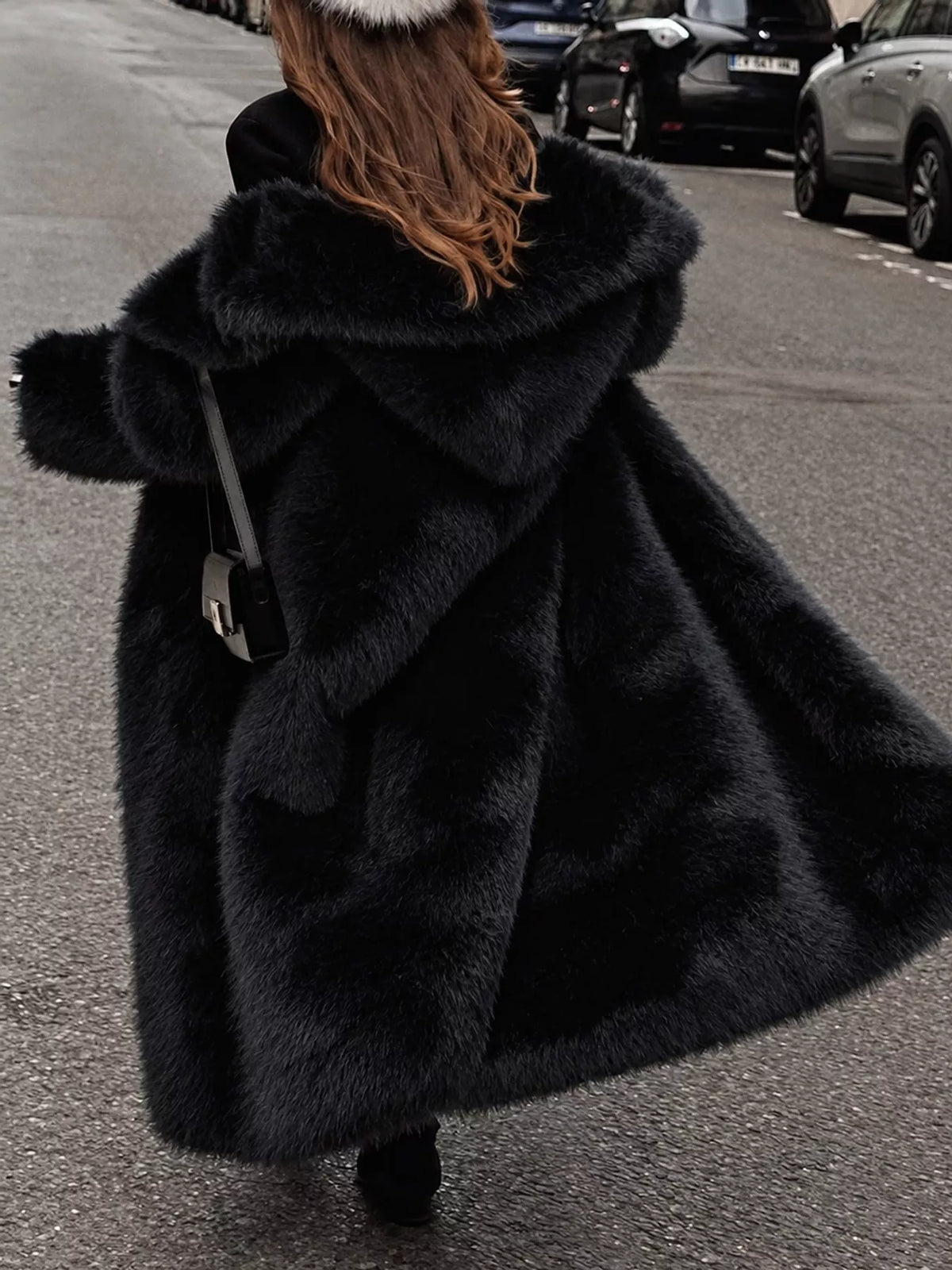 Faux Fur Open Front Longline Coat, back view in black