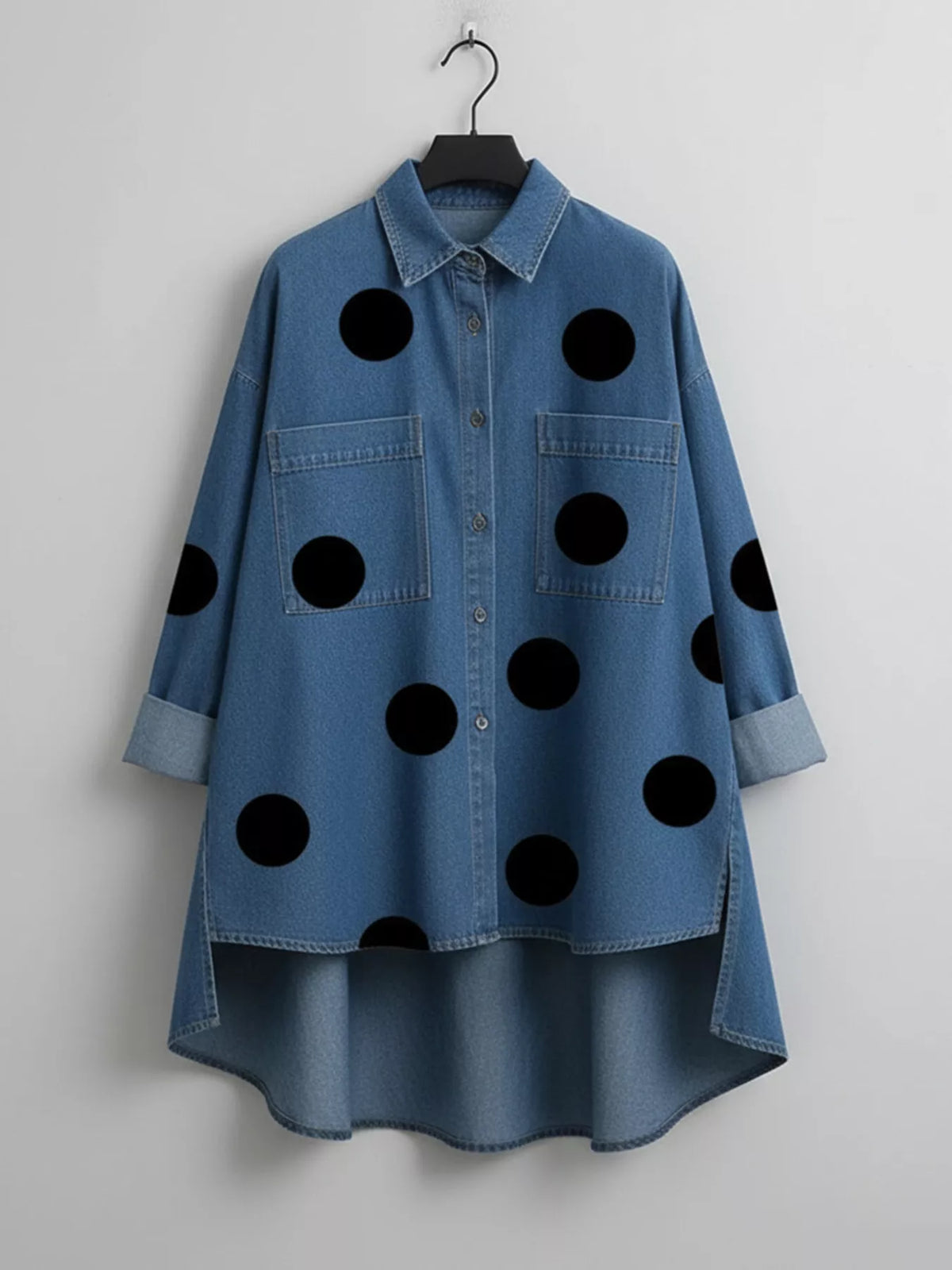 Polka Dot Oversized Denim Look Shirt in blue, hanger front view