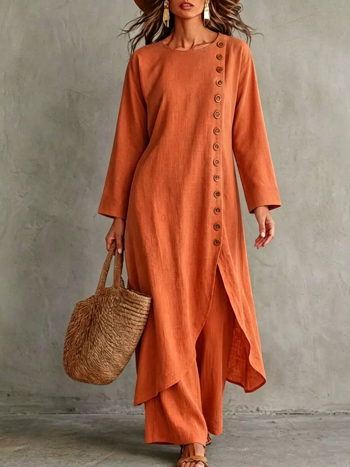Orange-red longline top and pants set, front view