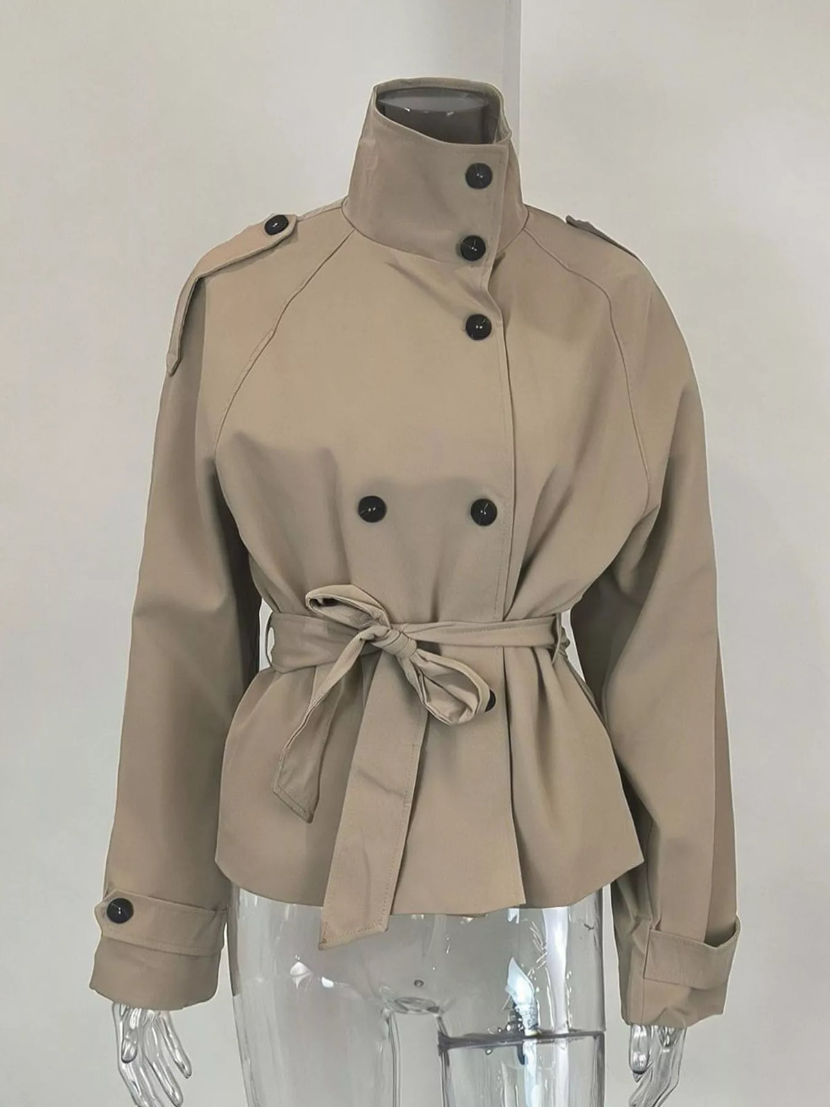 Women's Double-Breasted Belted Trench Coat in beige — mannequin front view