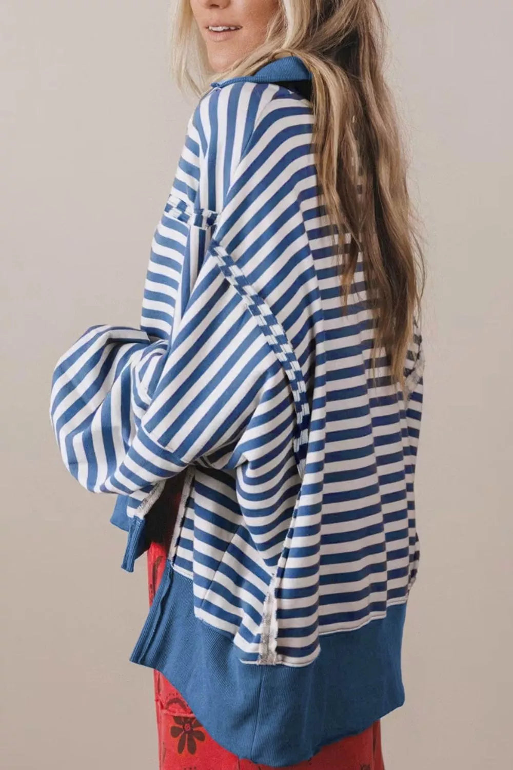 Trendsi Stripe Color Block Trim Raw Seam Split Hem Loose Sweatshirt -