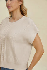 Trendsi Double Take Full Size Cable-Knit Round Neck Short Sleeve Sweater -