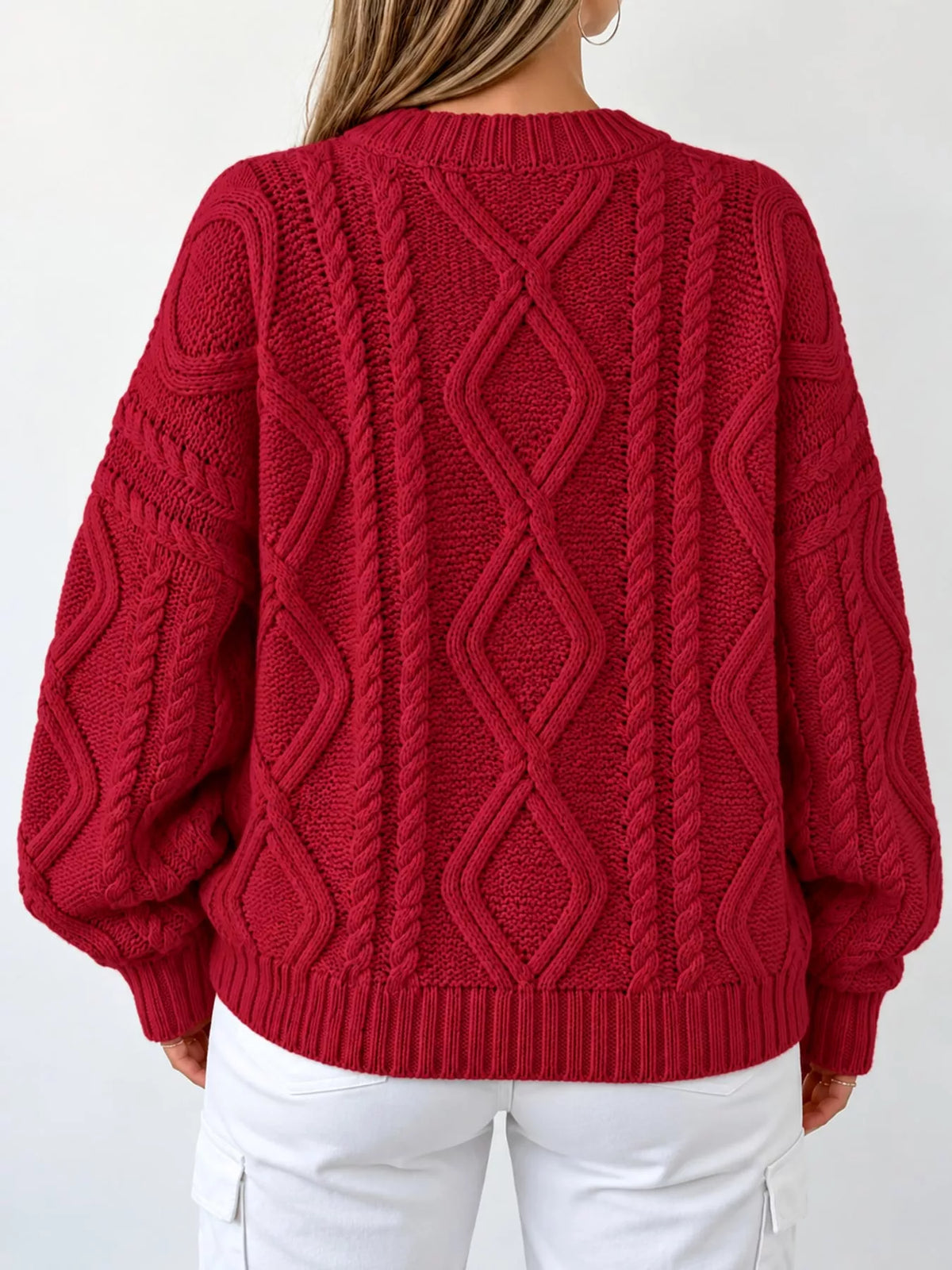 Red cable-knit round neck sweater
