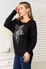 Trendsi Sequin Graphic Dolman Sleeve Knit Top -