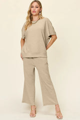 Trendsi Double Take Full Size Texture Short Sleeve Top and Pants Set -
