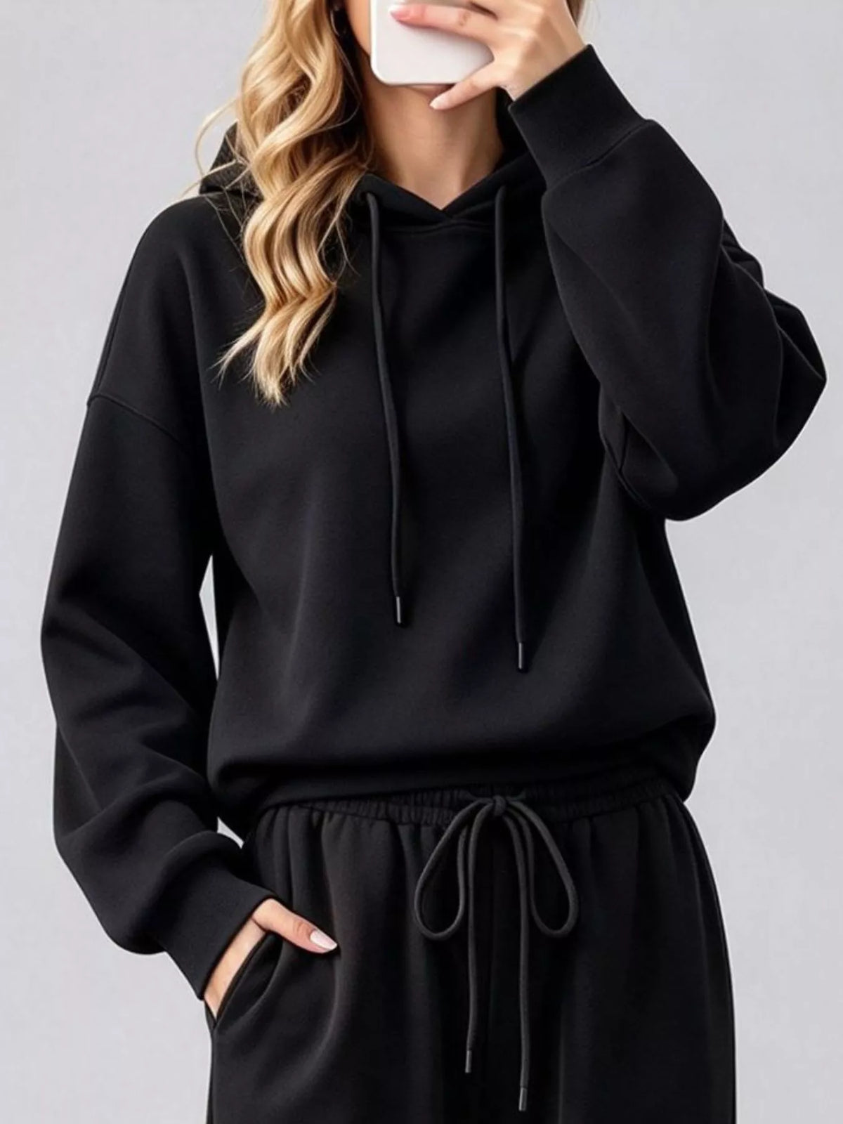 Black dropped shoulder hoodie and wide-leg pants set