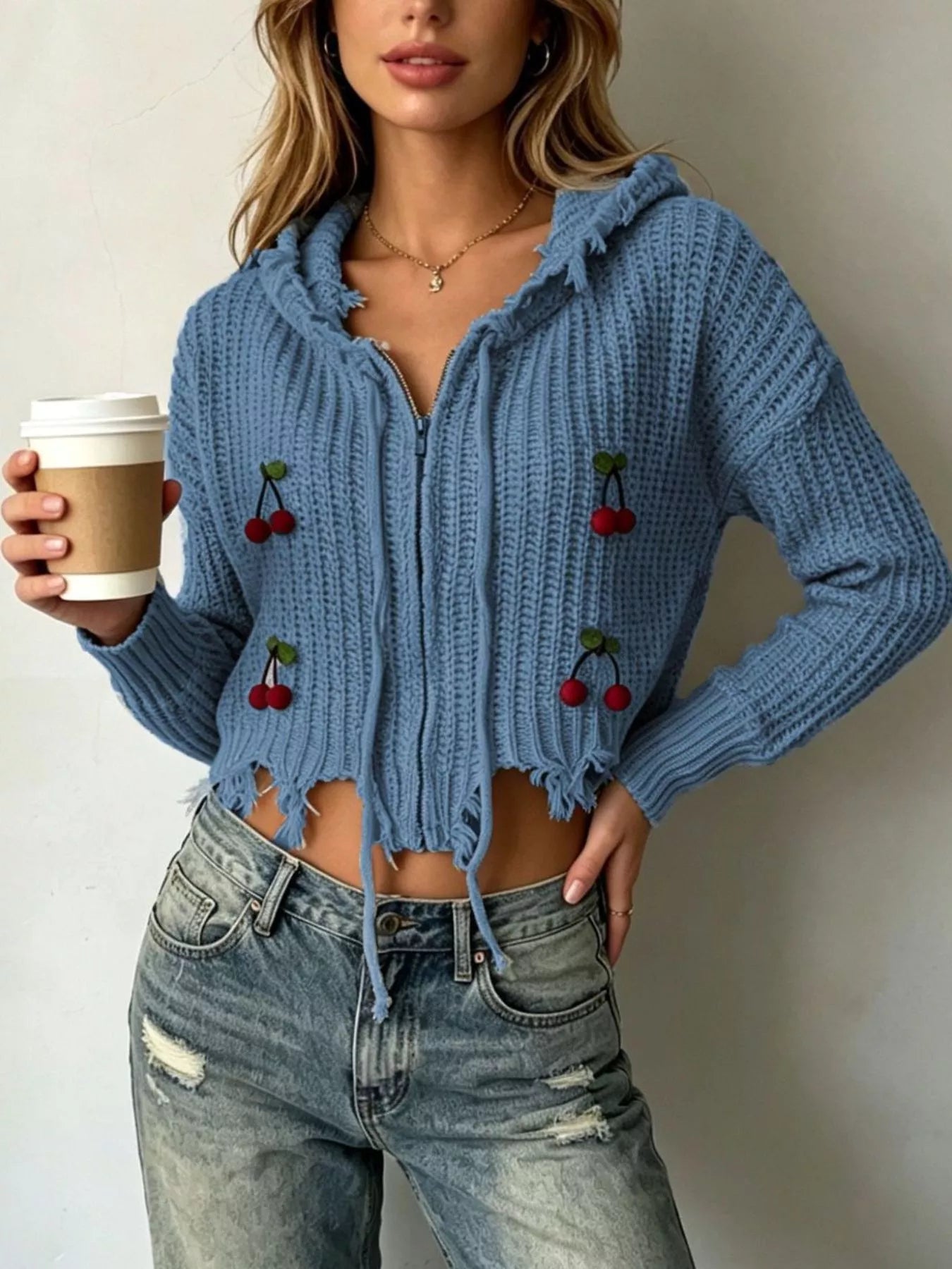 Trendsi Cherry Knit Zip-Up Hooded Sweater -