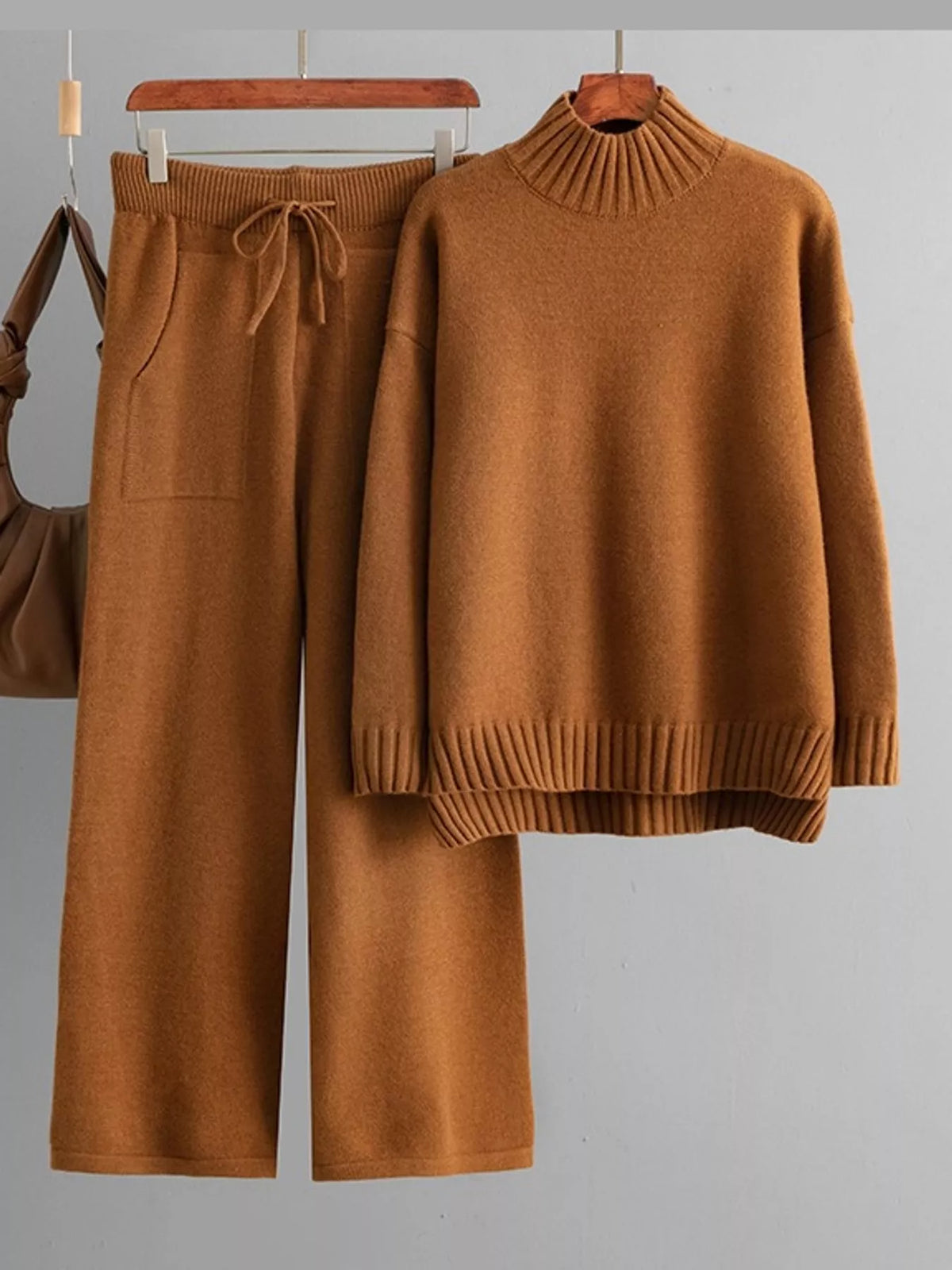 Mock Neck Sweater and Wide-Leg Pants Knit Set — garment front