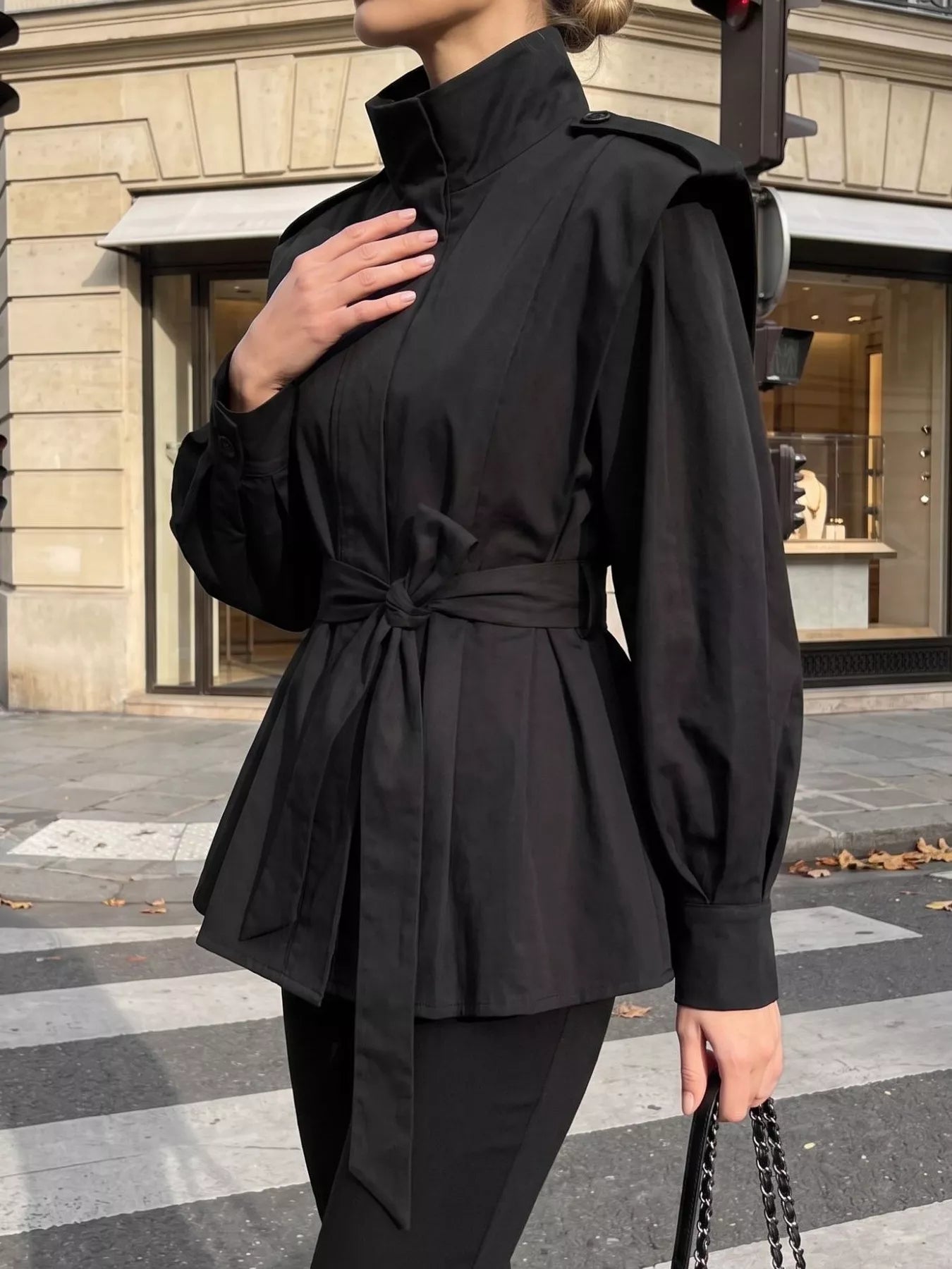 Trendsi Stand-Collar Belted Outerwear -