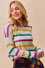 Trendsi SO ME Mardi Gras Color Stripe Lightweight Sweater Top -