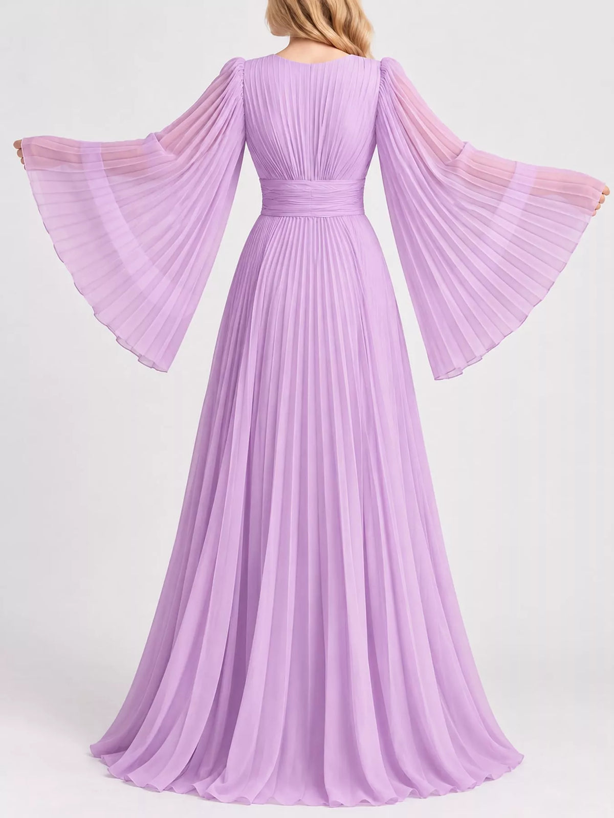 Purple v-neck pleated maxi dress, back view