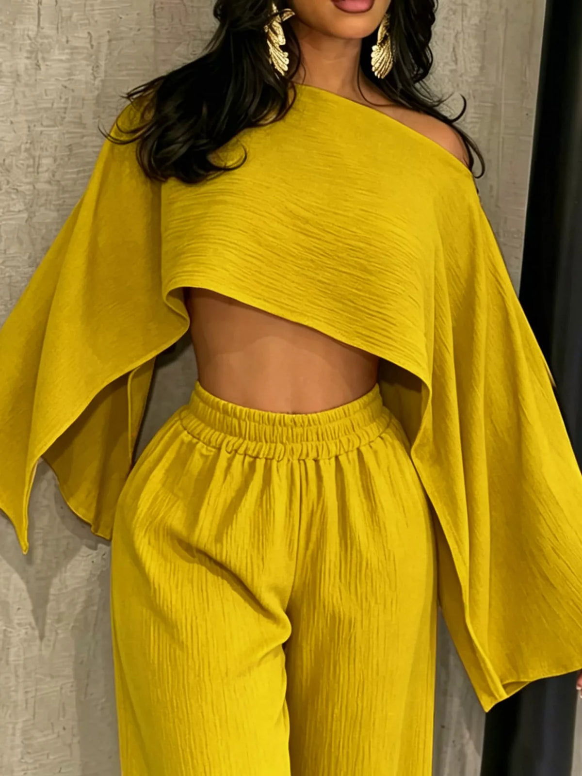 Women's Boat Neck Crop Top and Wide-Leg Pants Set in yellow — bodice detail view