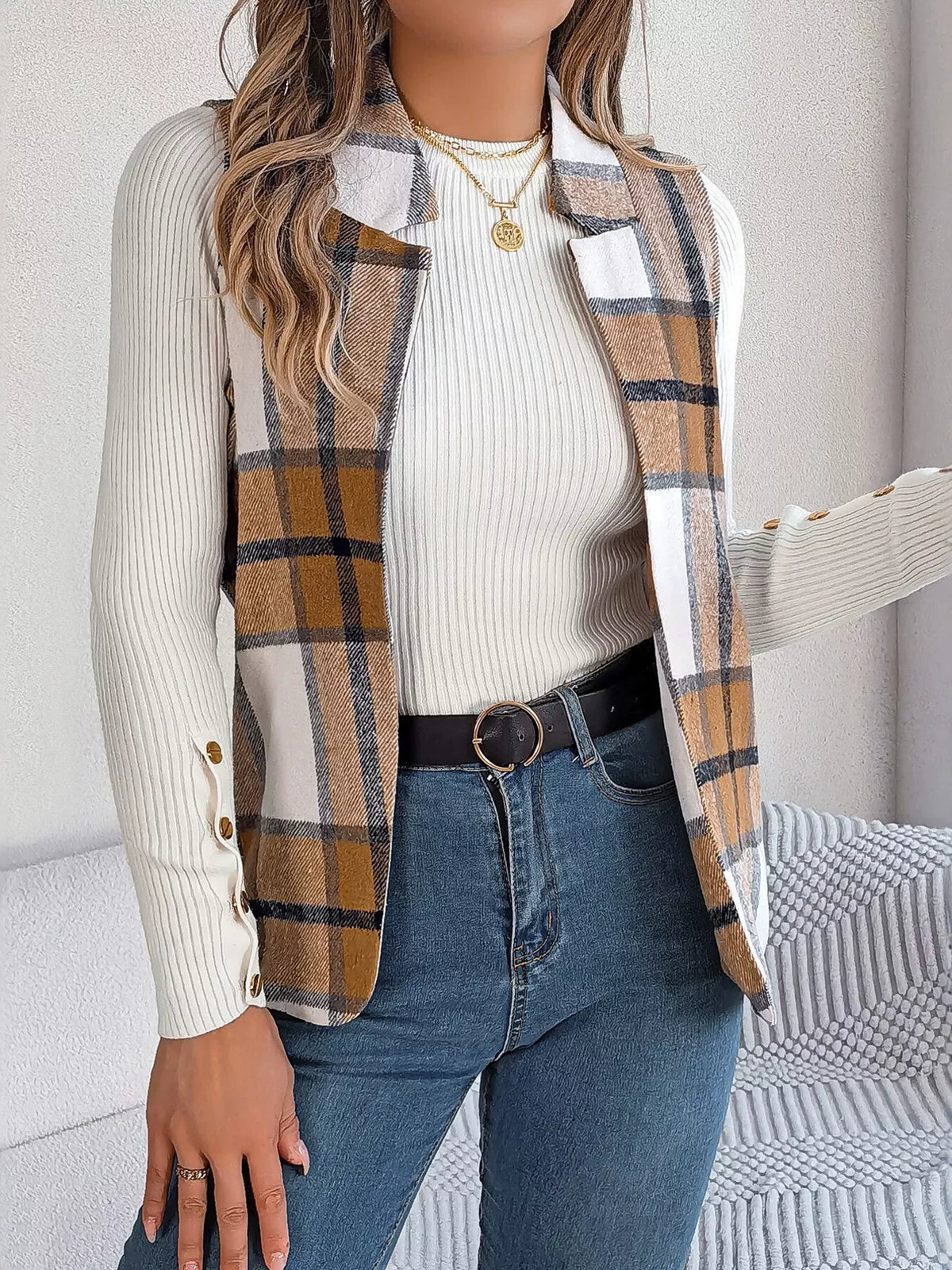 Khaki Color plaid open front vest