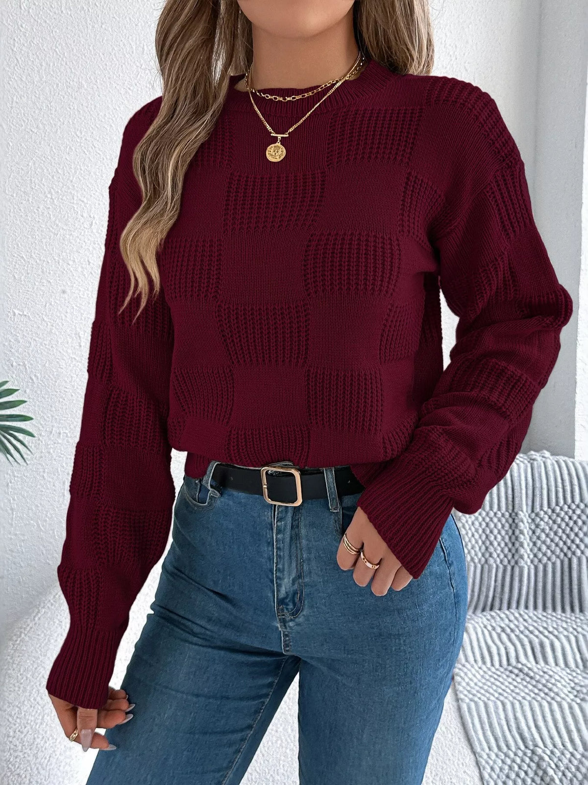 Wine Red checkerboard textured knit sweater