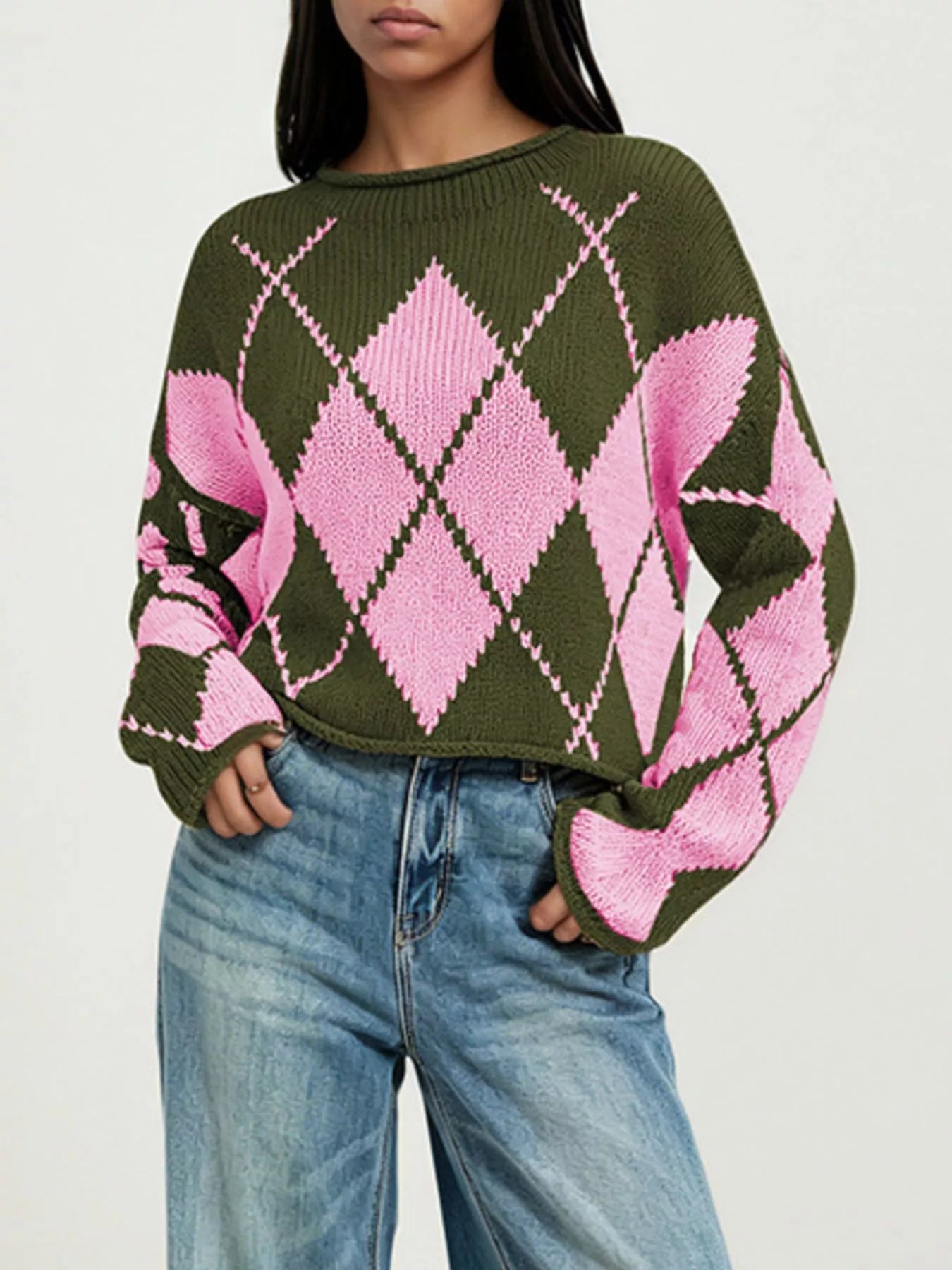 Trendsi Argyle Pattern Knit Dropped Shoulder Sweater -