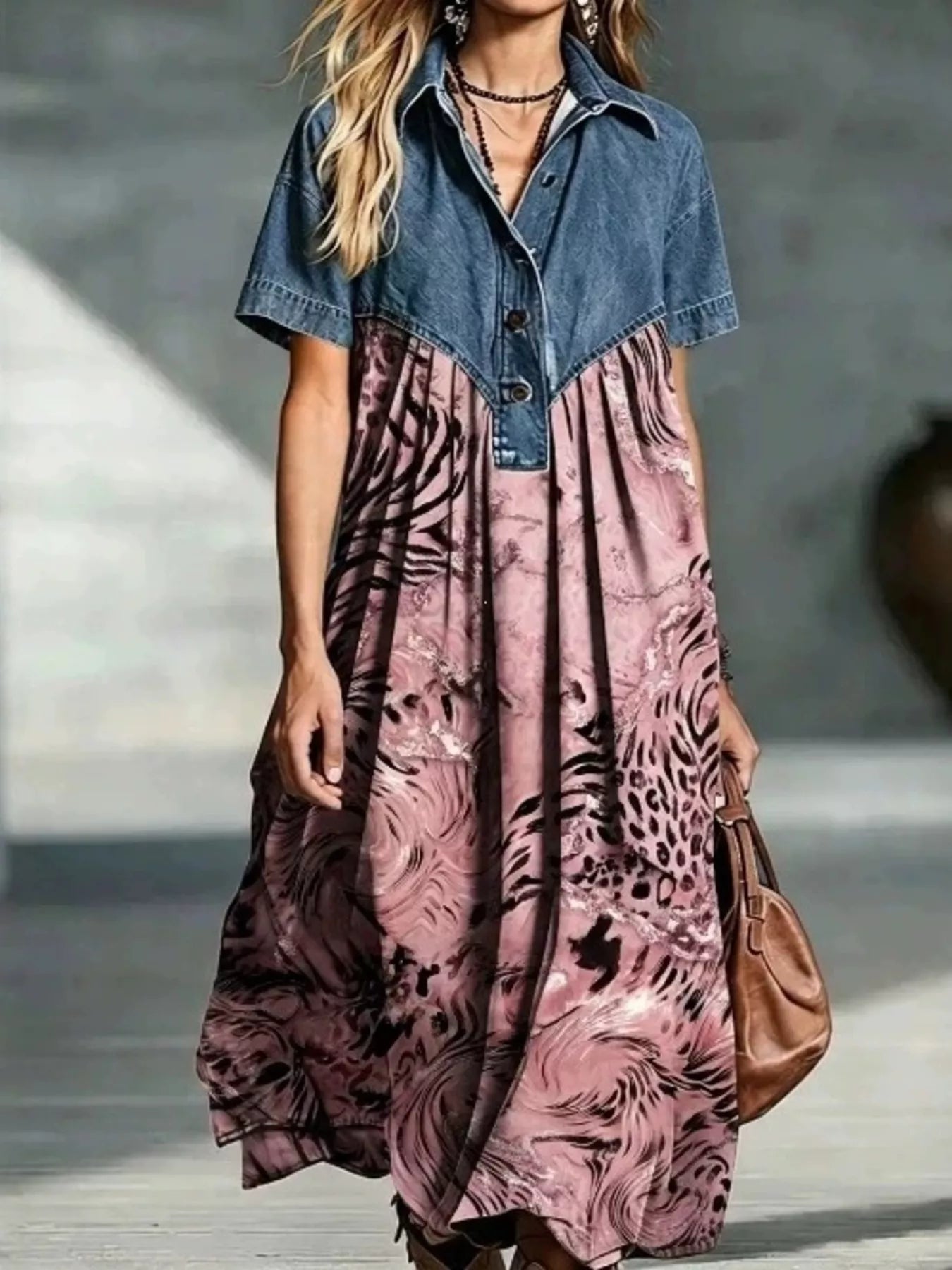 Trendsi Full Size Denim Patchwork Printed Shirt Dress Plus Size -