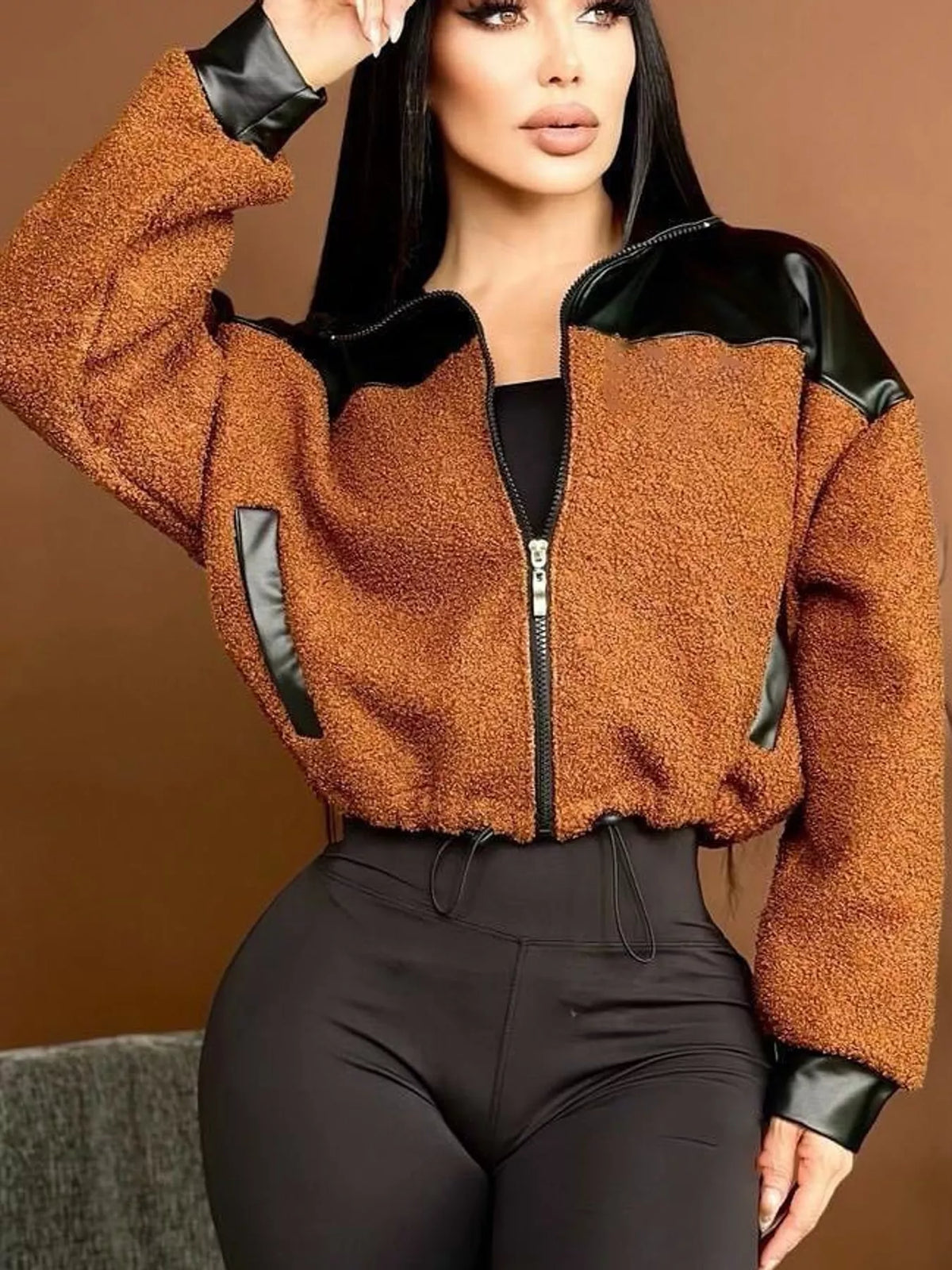 Sherpa-contrast jacket, tan front