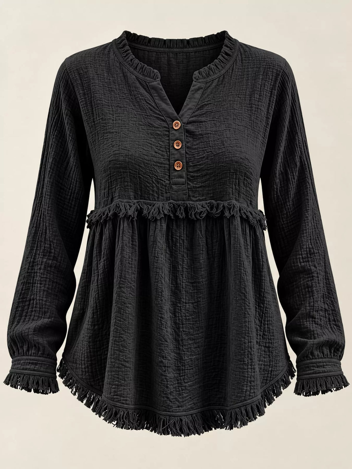 Frayed-hem blouse, black flat front
