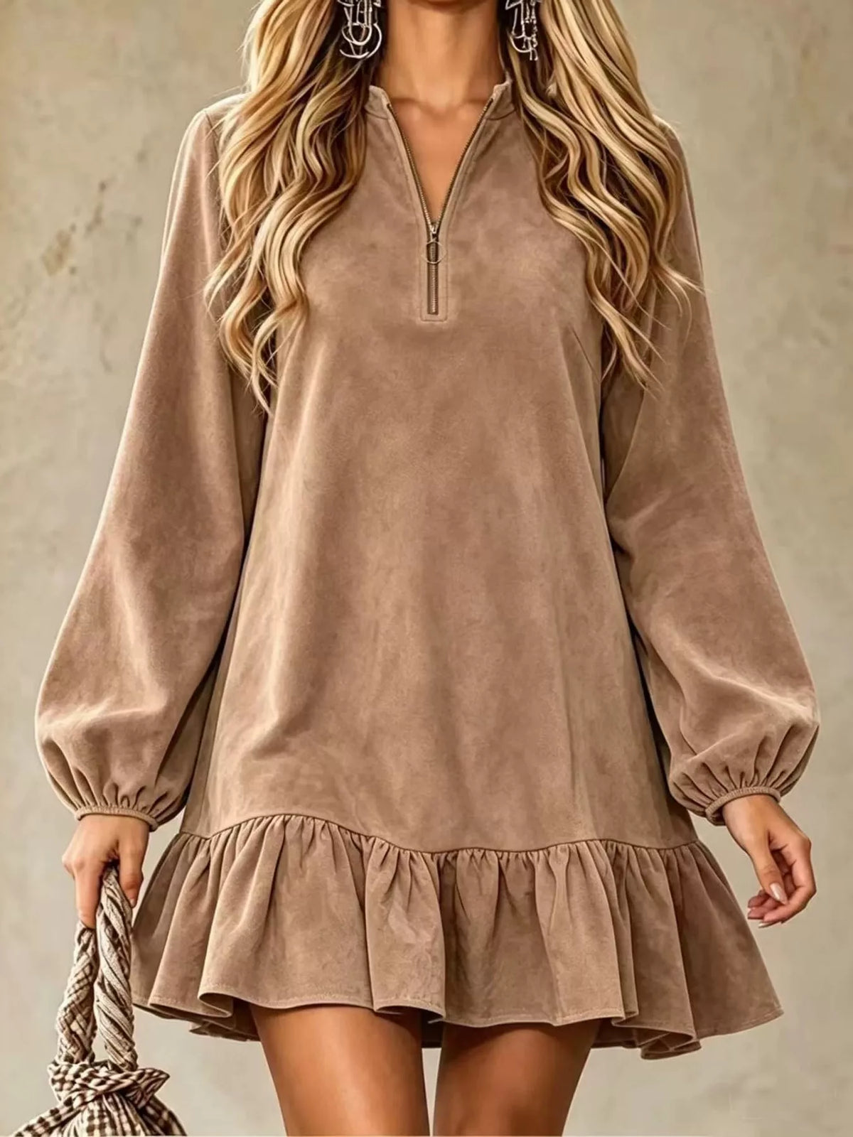 Quarter-zip dress, beige front
