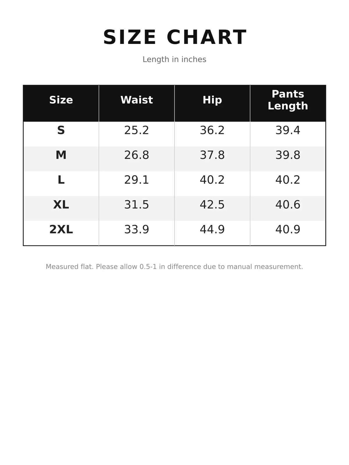 jeans, size and measurement chart