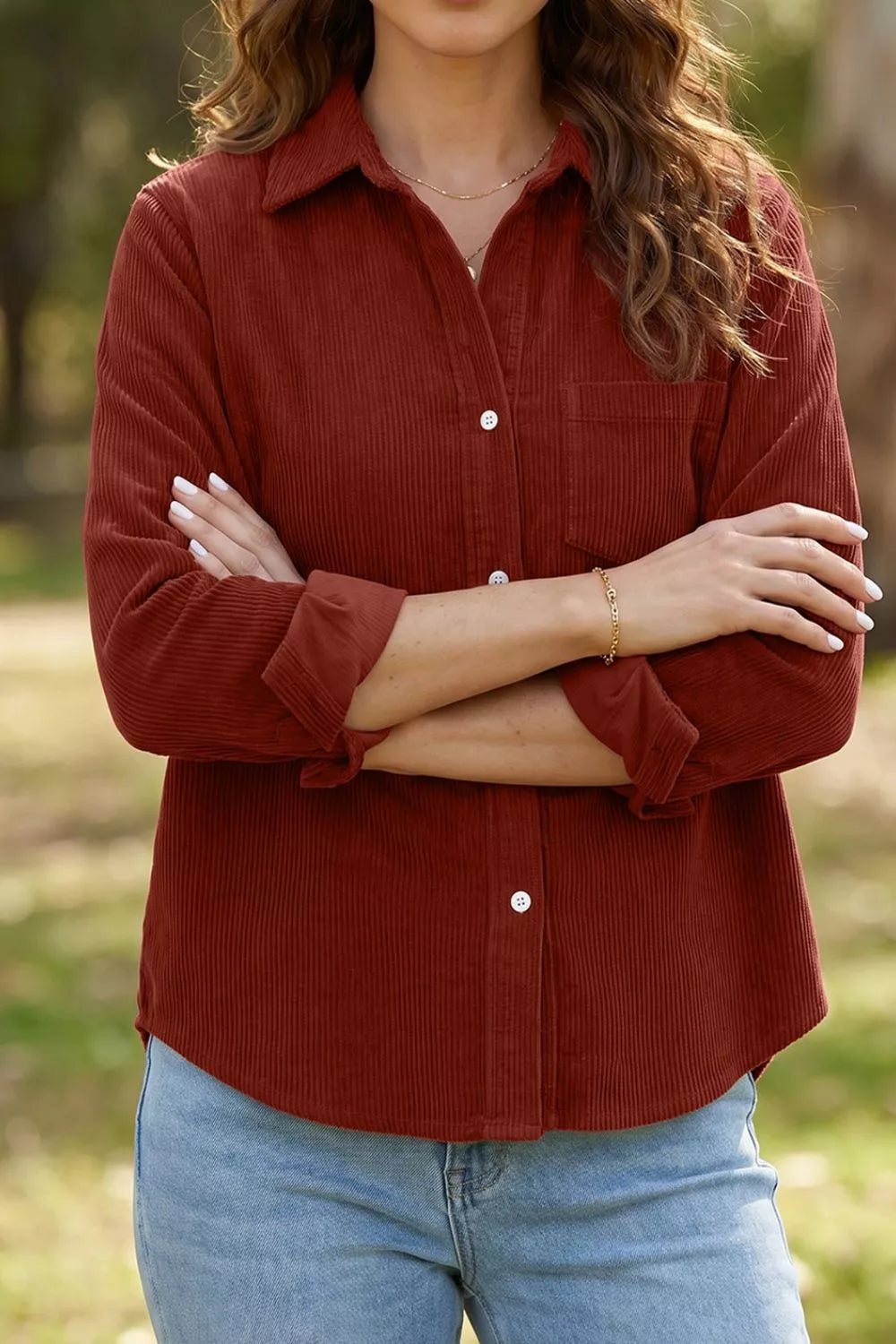 Rust corduroy button-down shirt, front view