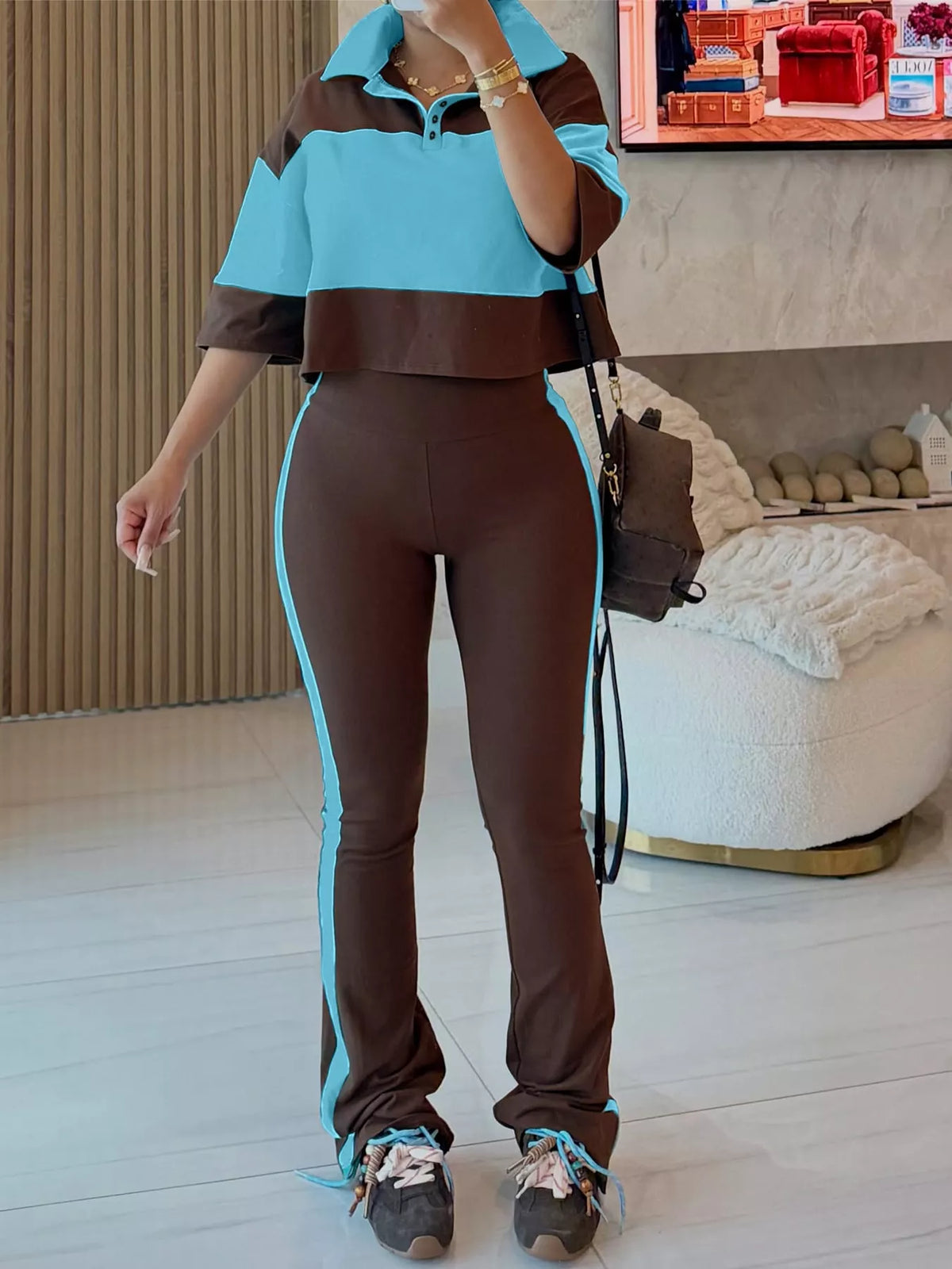 Color-Block Polo Collar Crop Top and Pants Two-Piece Set in brown and blue