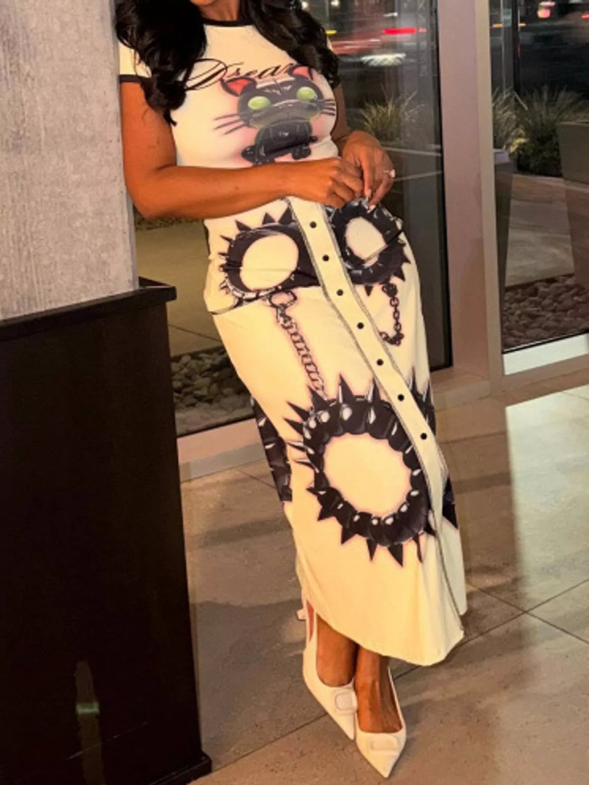 Cream cat print bodycon maxi dress, front view