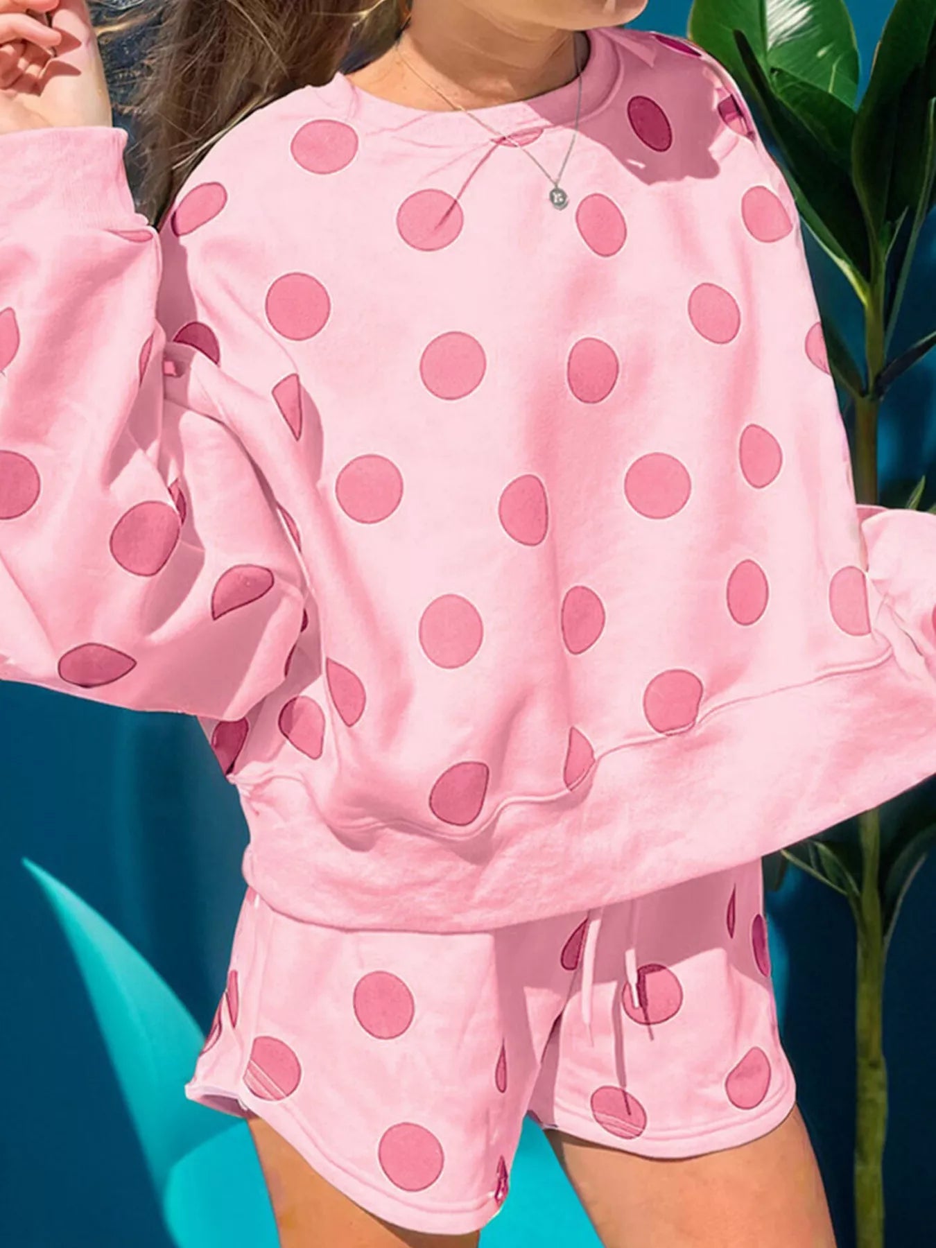 Trendsi Polka Dot Crewneck Sweatshirt and Shorts Set -