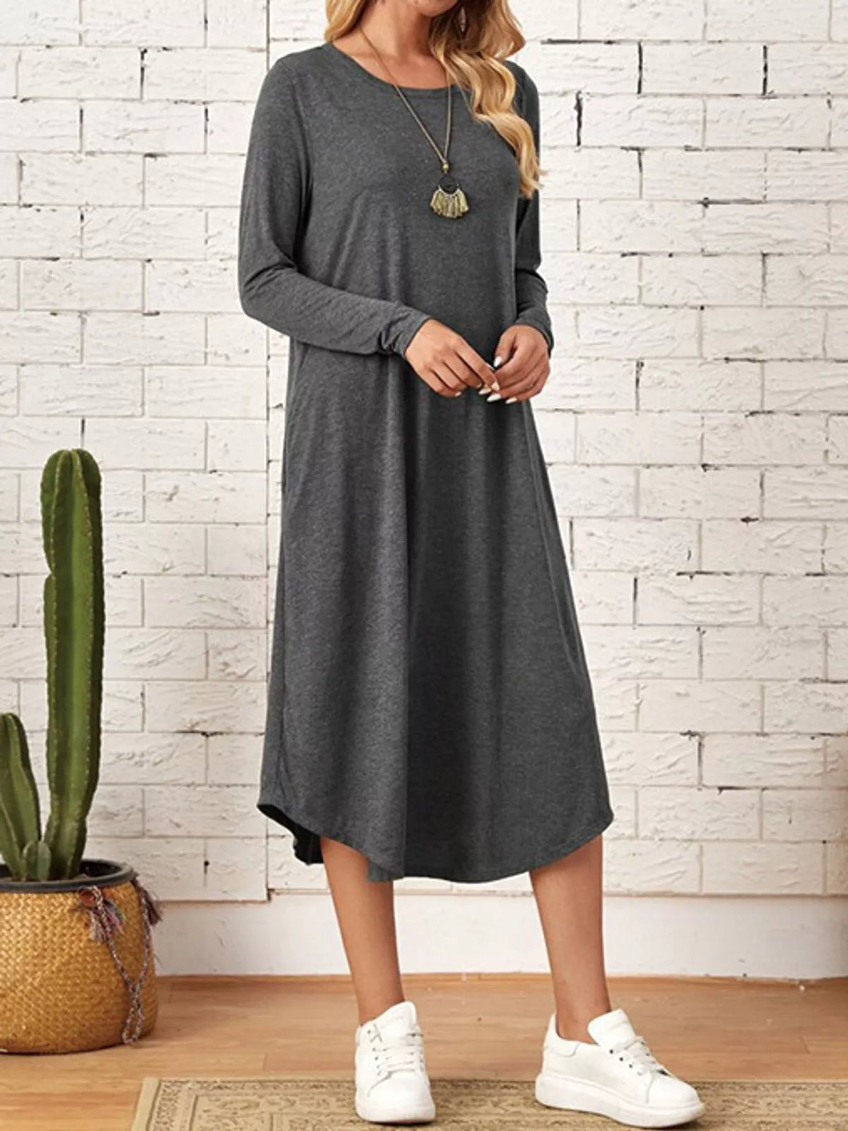 Round neck long sleeve midi dress, front view on model