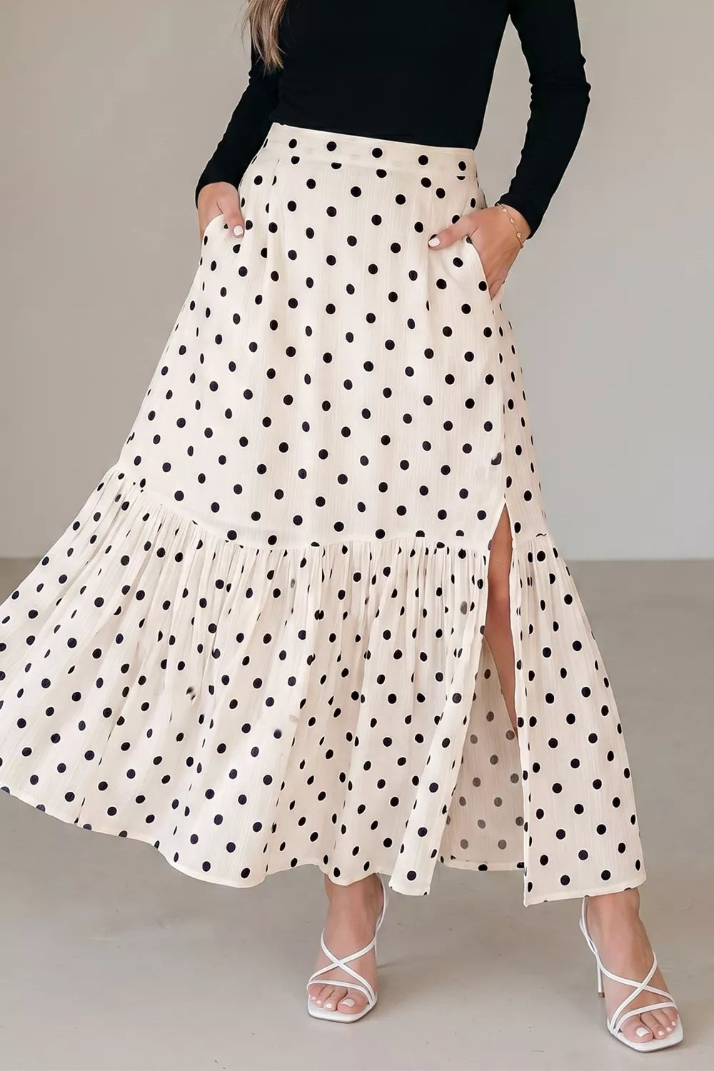 Trendsi Polka Dot Ruffled Slit Maxi Skirt -