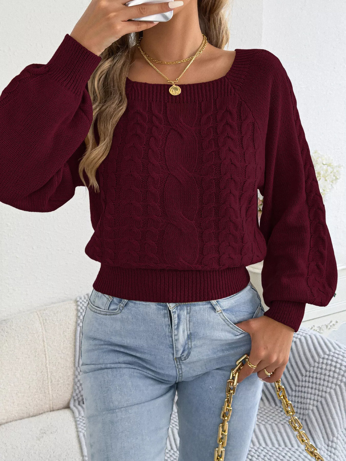 Burgundy square neck cable knit sweater