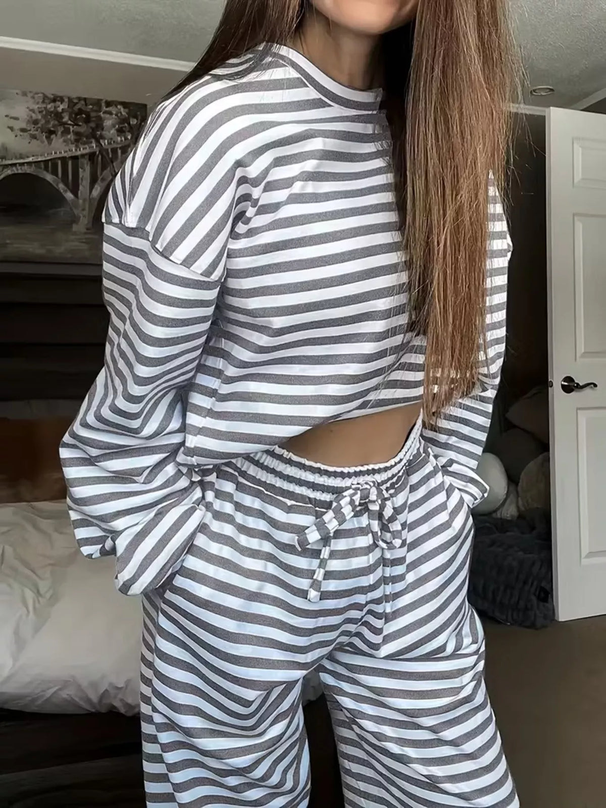 Gray striped long-sleeve top and pants set, top side and waistband detail