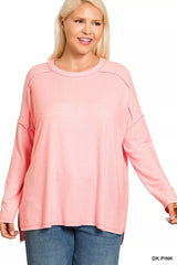 Trendsi Zenana Full Size Melange Hacci Exposed Seam Hi-low Tee Plus Size -
