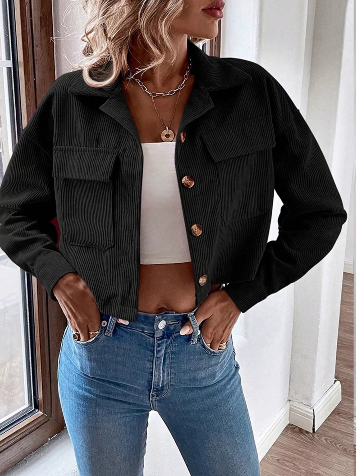 Trendsi Cropped Corduroy Button-Down Jacket -