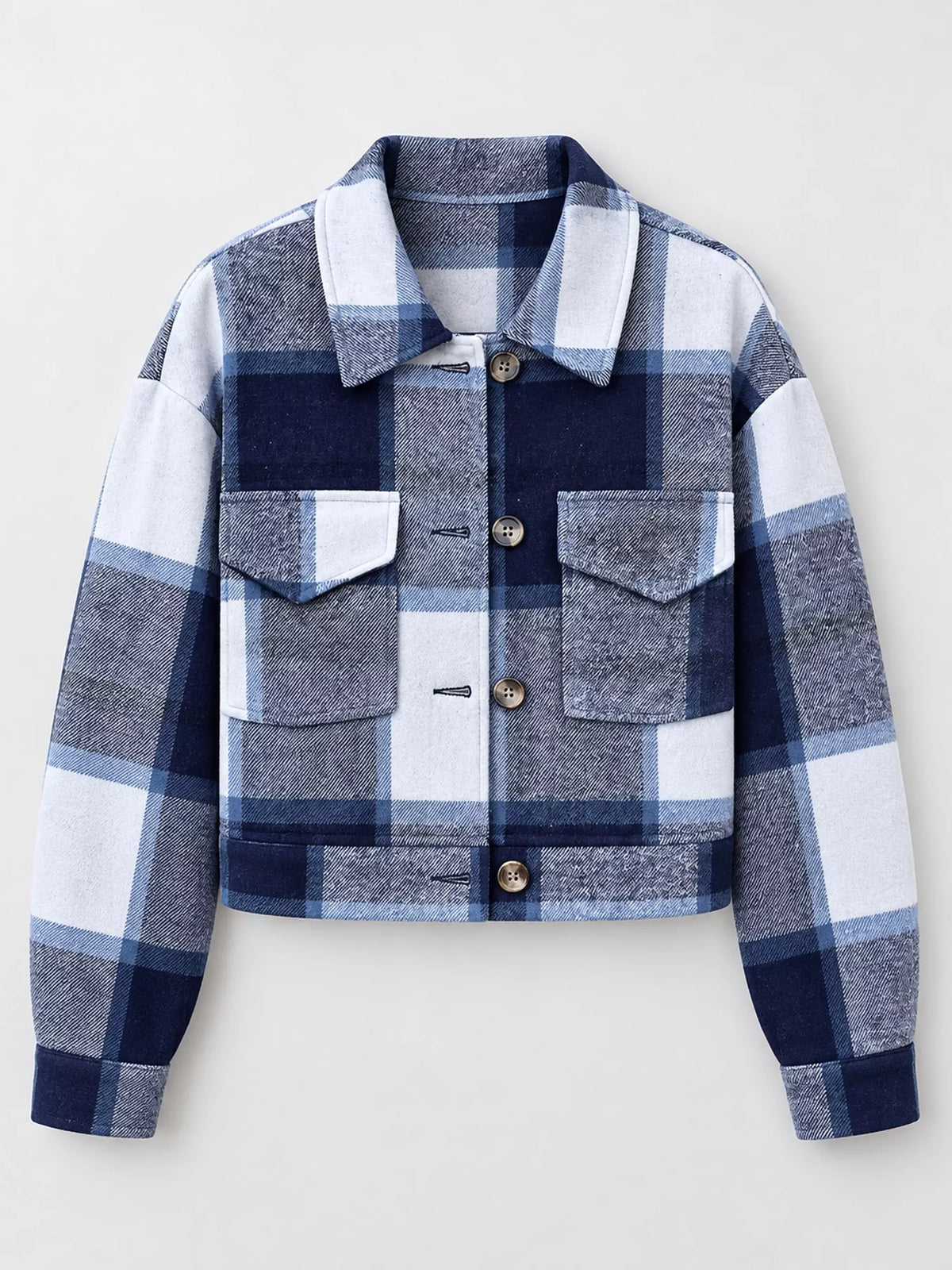Plaid cropped jacket, blue white hanging front