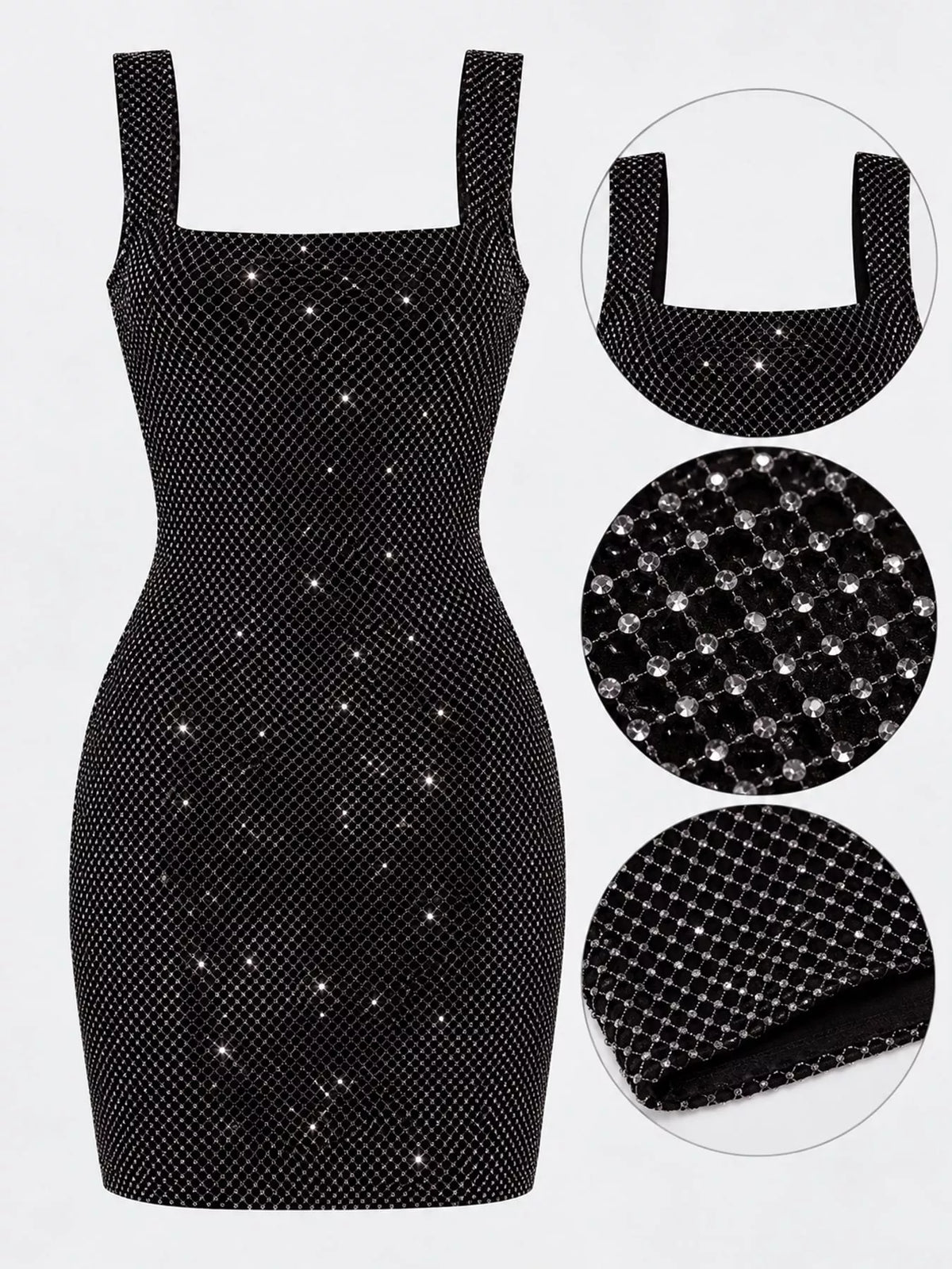 Women's Backless Rhinestone Embellished Bodycon Mini Dress in black — detail collage view