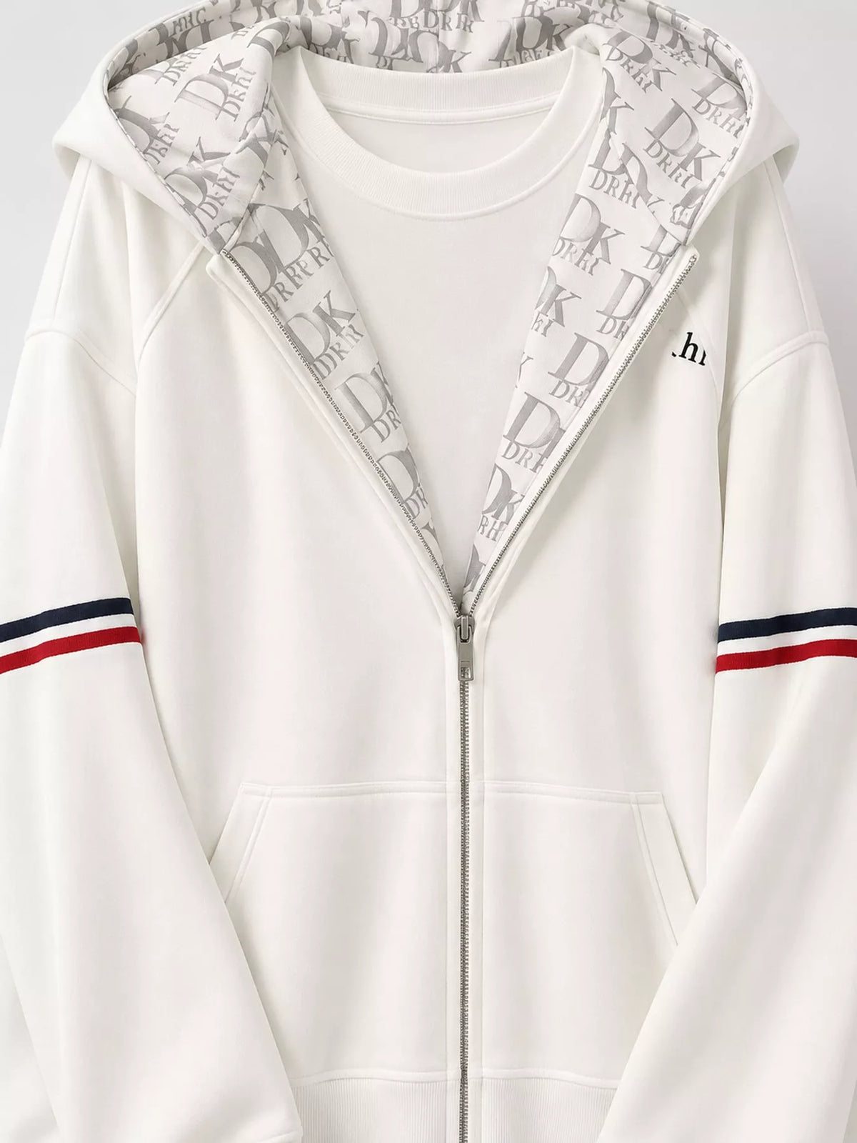 Oversized Zip-Up Hoodie with Striped Sleeves, detail view in white