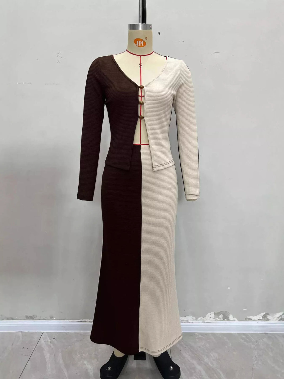 Brown and cream two-tone top and skirt set