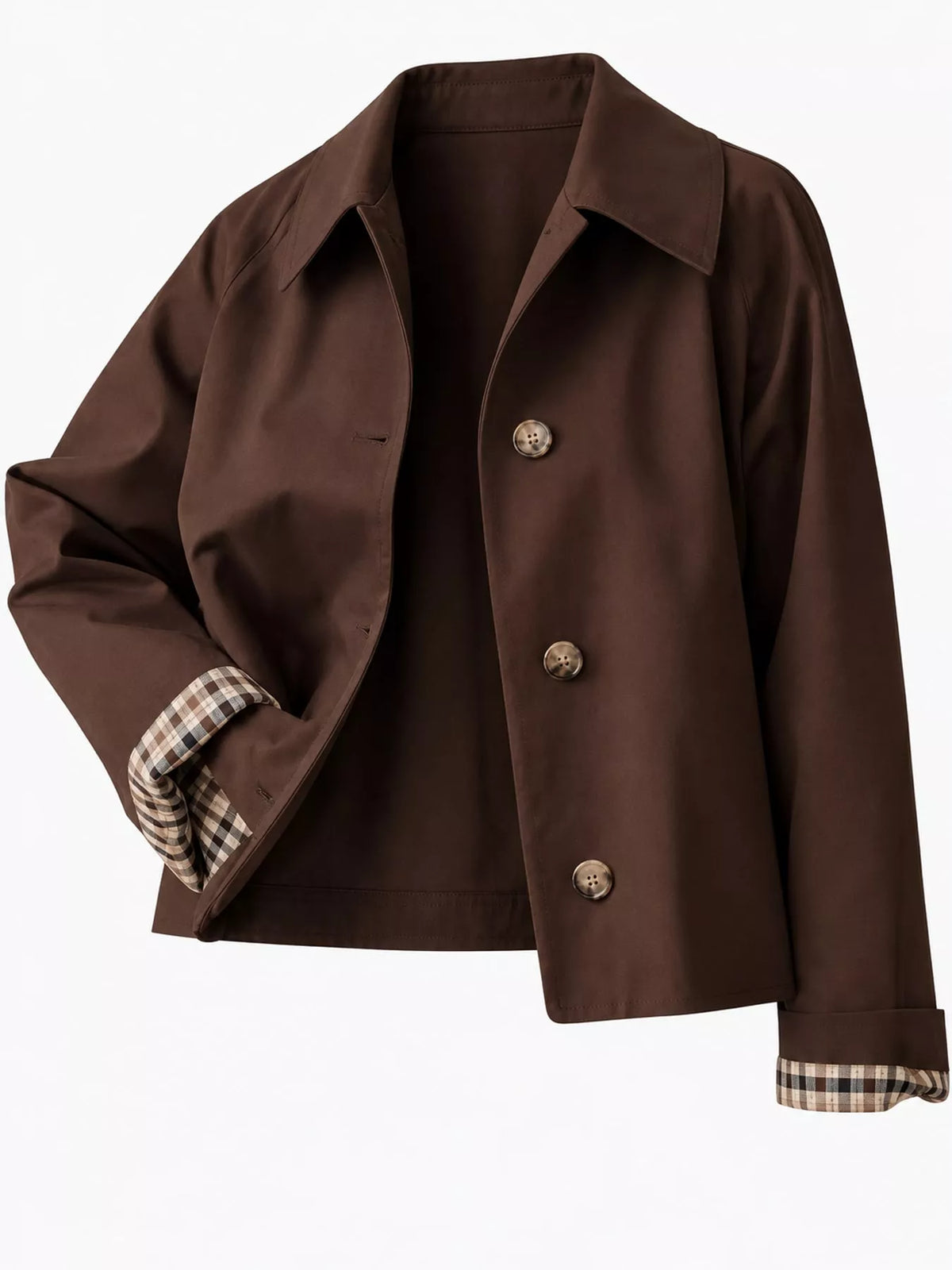 Cropped trench jacket, brown plaid cuff detail